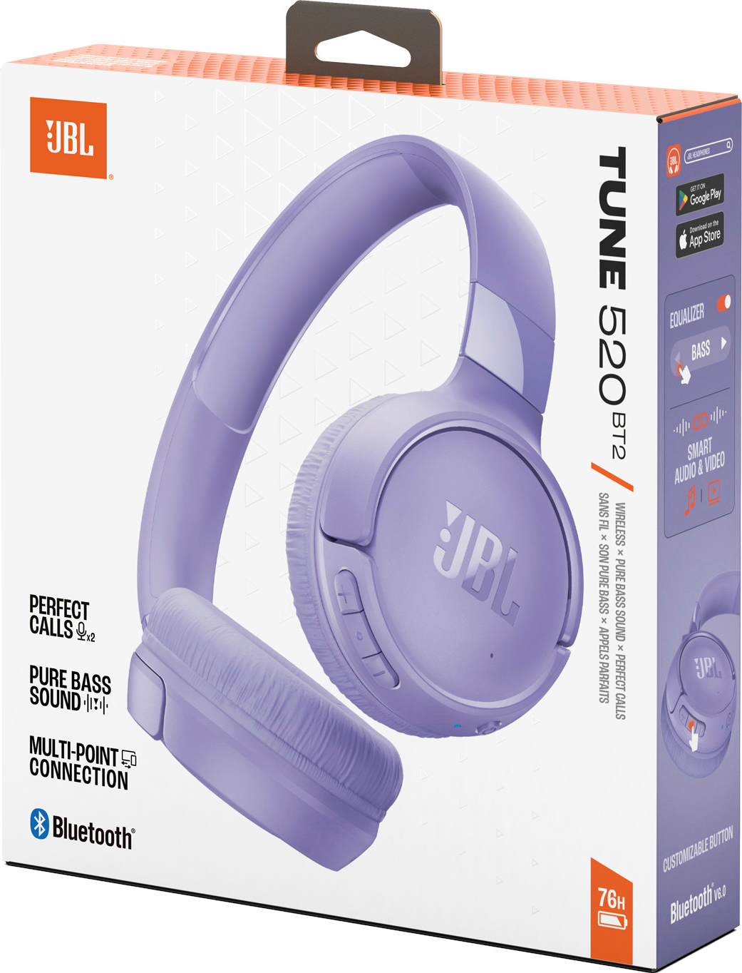 Cuffie JBL viola con Bluetooth, modello Tune 520 BT2 sulla confezione.