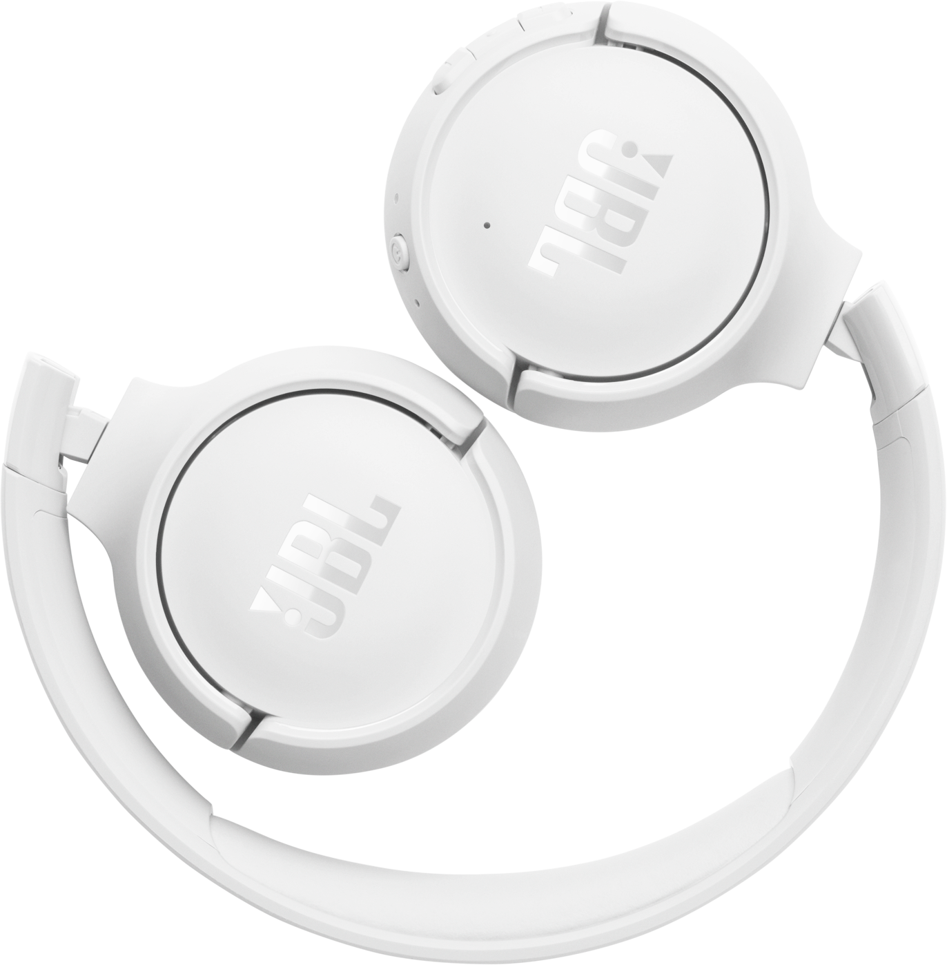 Casque JBL blanc avec logo argenté, posé sur fond noir.