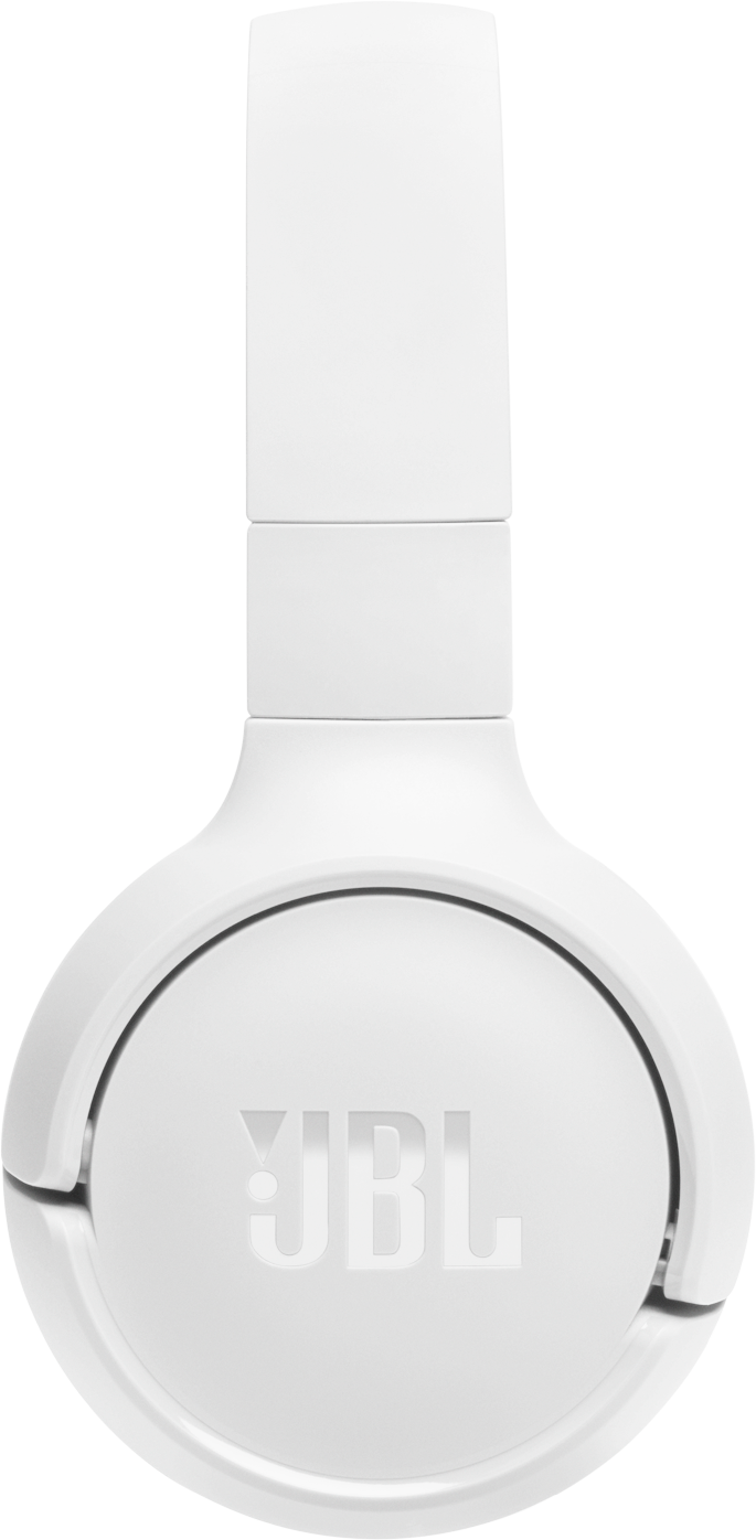 Un écouteur blanc JBL avec logo en relief sur fond noir.