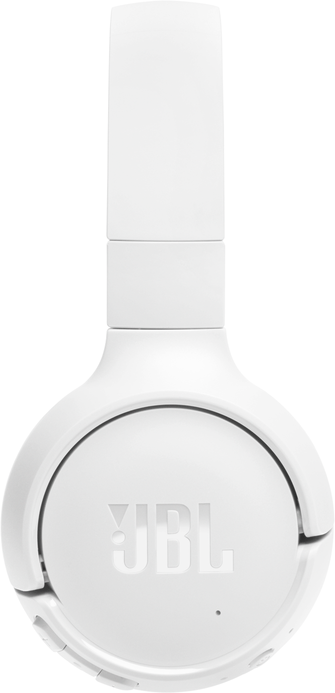 Casque blanc avec logo JBL sur fond noir.