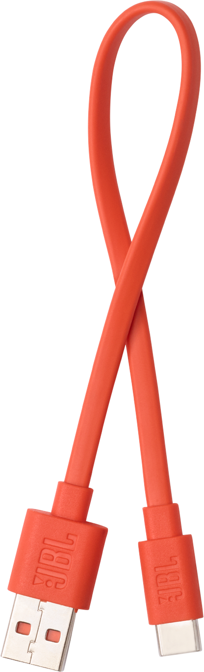 Un câble USB vers USB-C orange avec logo JBL, sur fond noir.