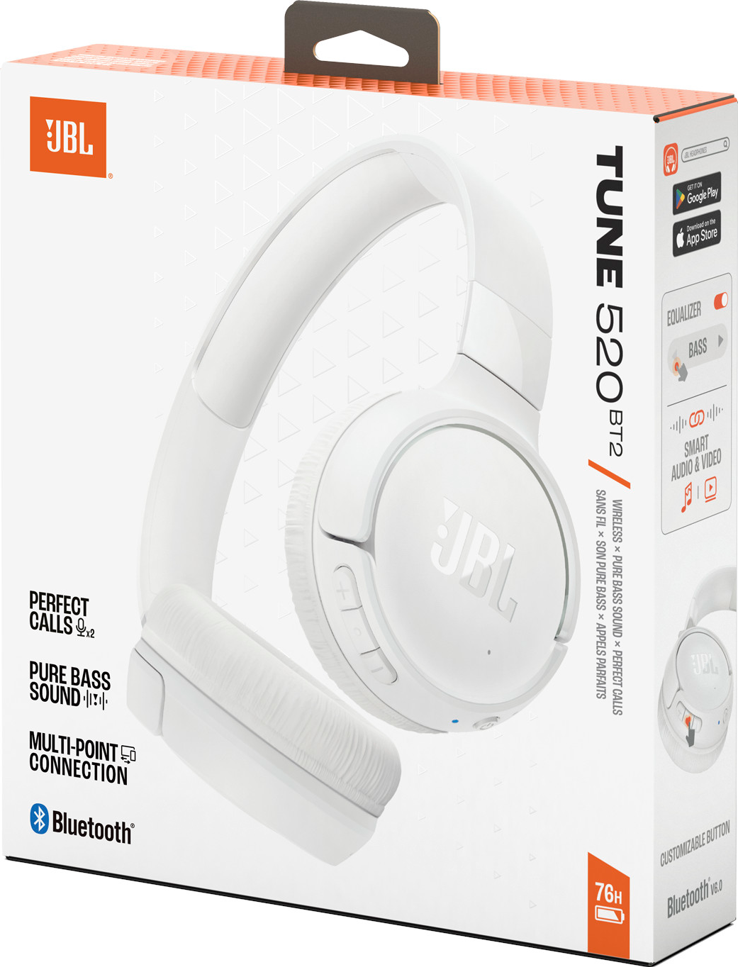 Casque JBL Tune 520BT2 blanc en boîte avec logo et caractéristiques.