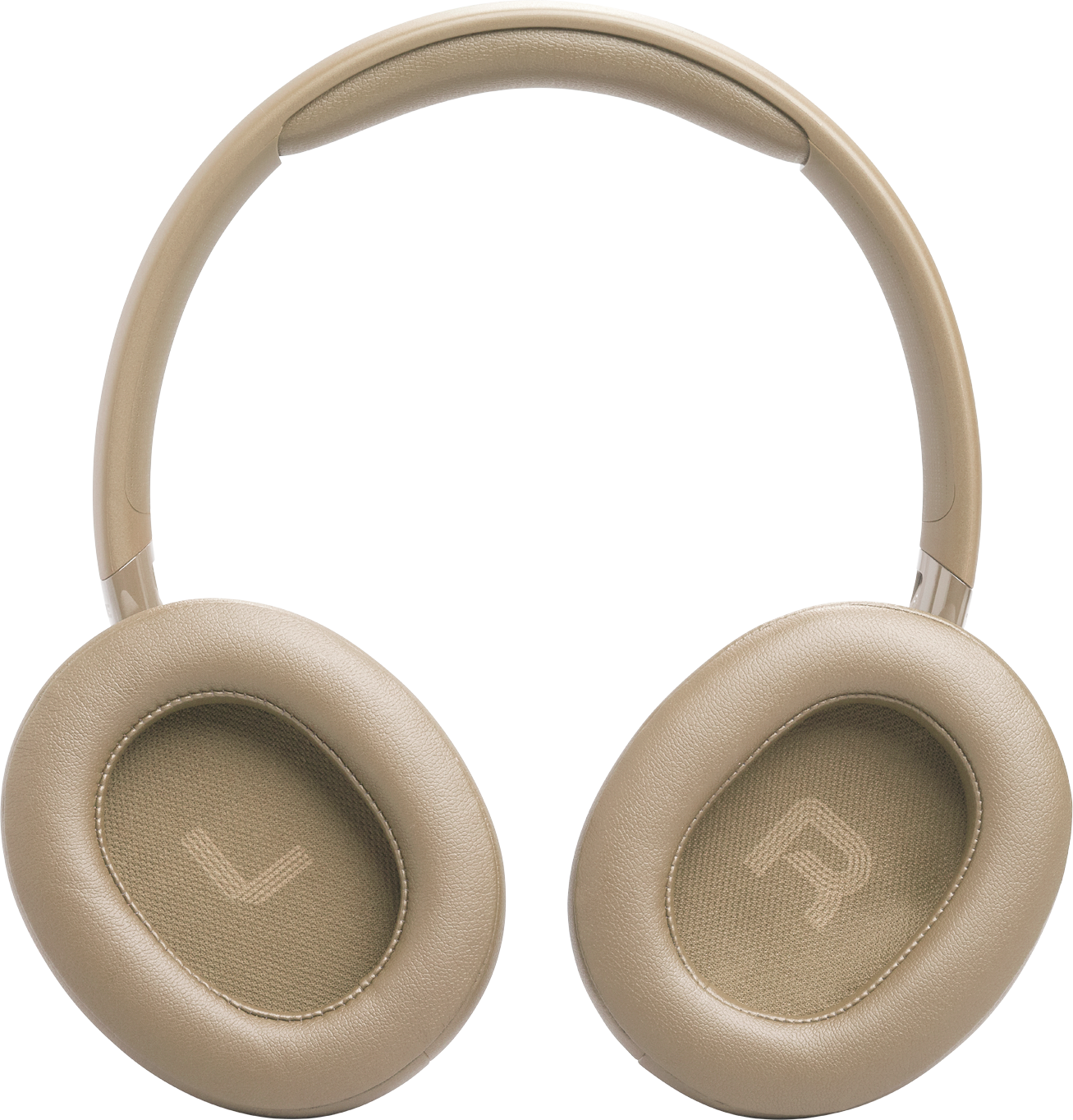 Beige Kopfhörer mit L- und R-Markierungen auf den Ohrmuscheln, schwarzer Hintergrund.