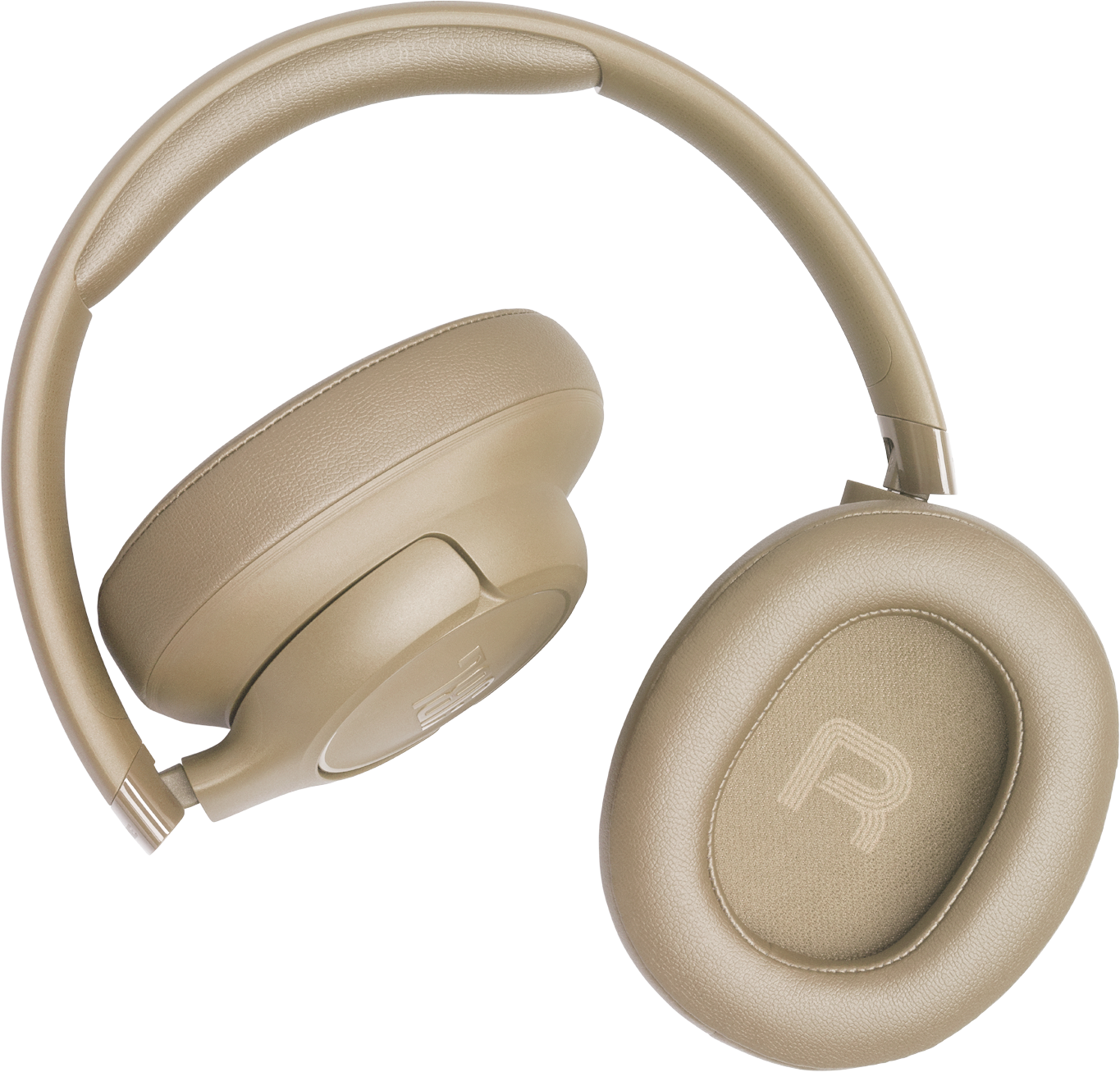 Beige Kopfhörer mit gepolstertem Kopfbügel und Ohrmuscheln. Schwarz.