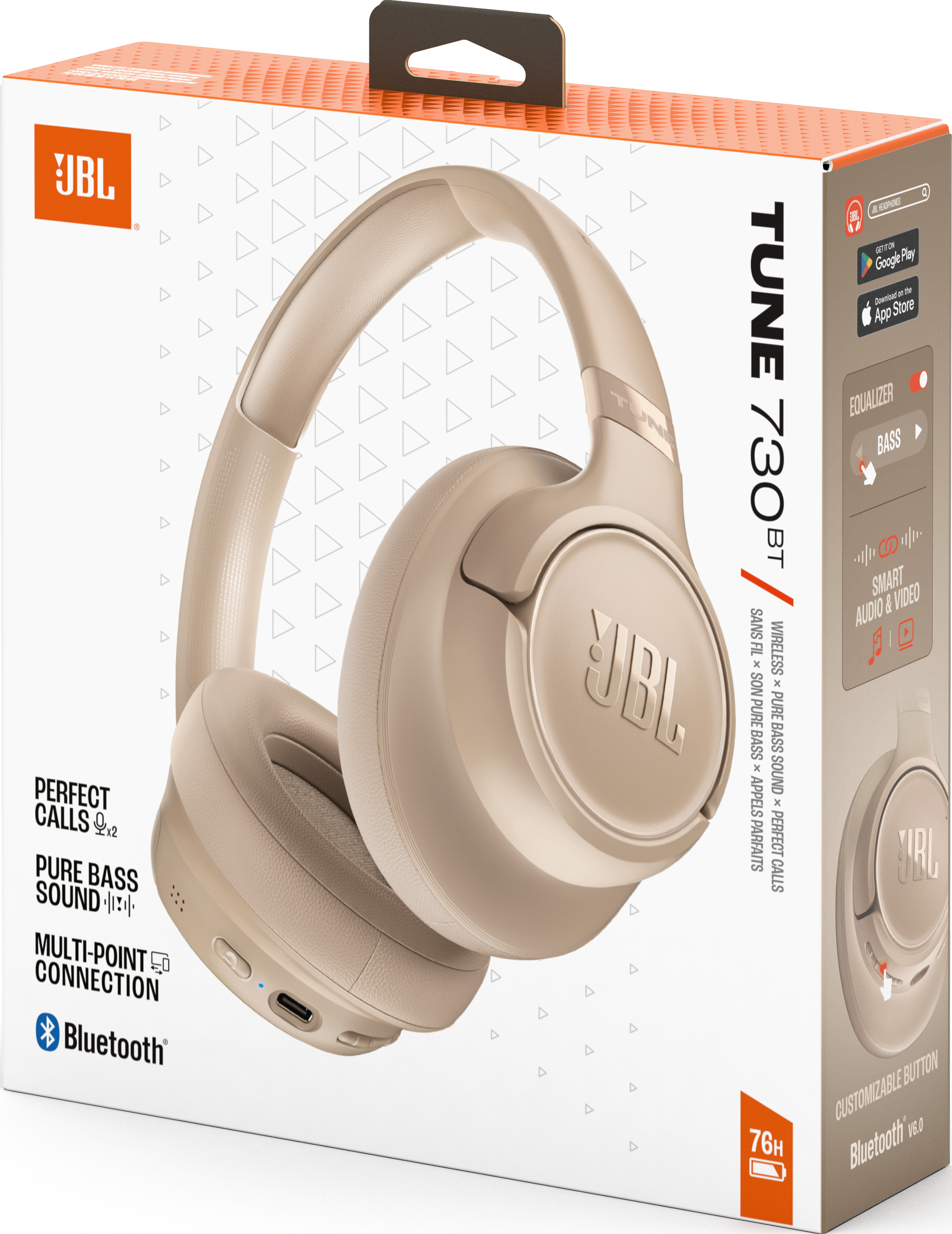 Beigefarbene JBL Kopfhörer auf einer Verpackung mit Produktinformationen.