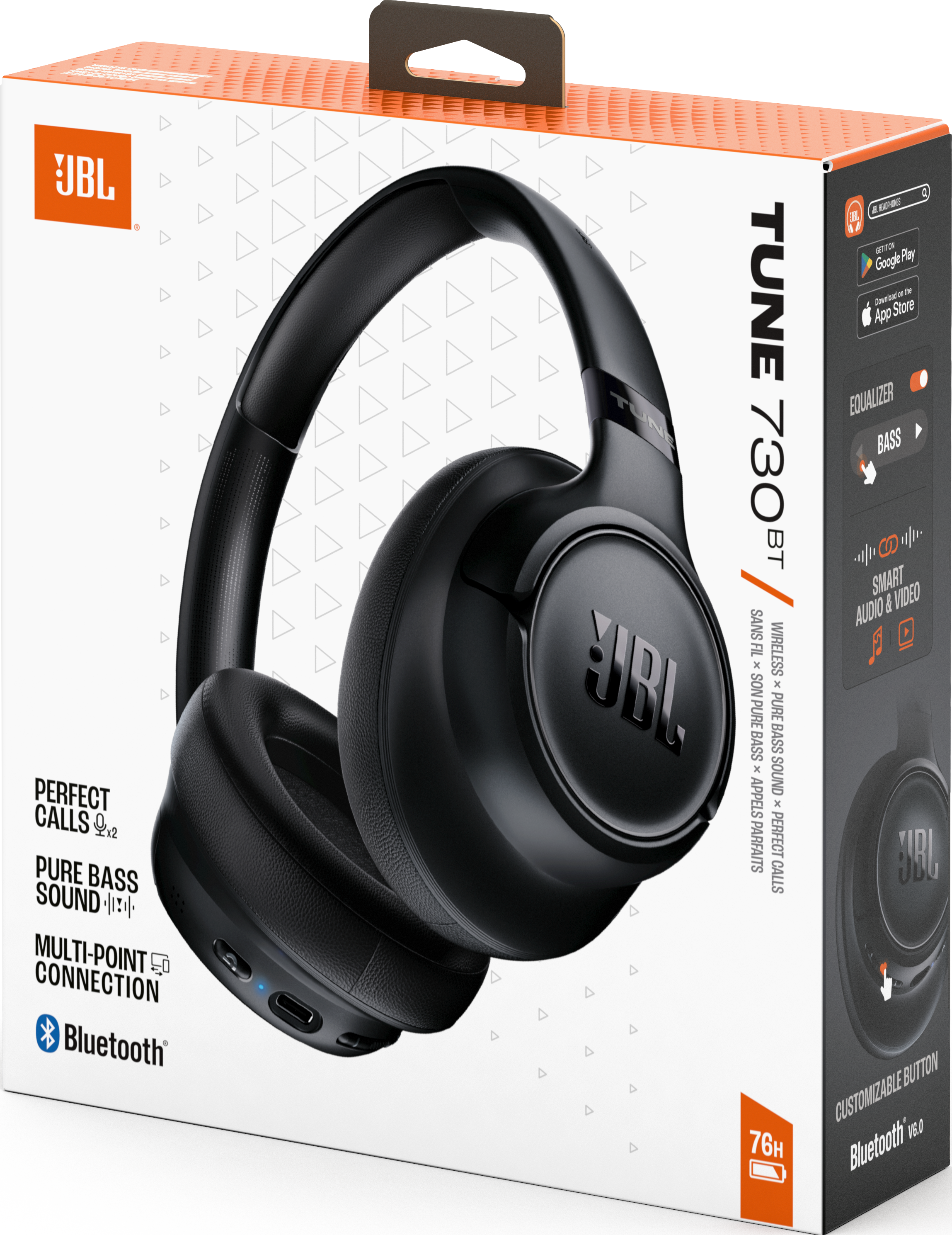 Schwarze JBL Kopfhörer mit weißer Verpackung und orangefarbenen Akzenten.