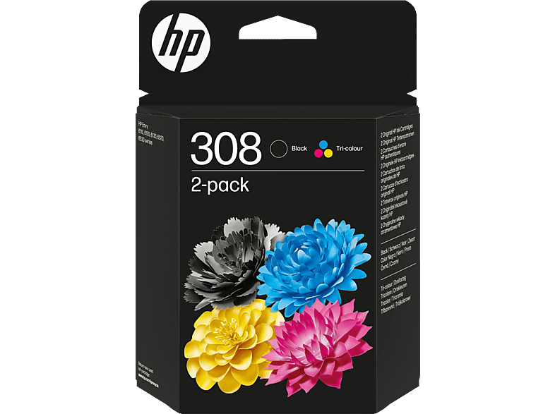 Cartucho de tinta - HP 308, 6L6S6UE, 3ml+3ml, 160 páginas en negro, 120 tricolor, Negro y Tricolor
