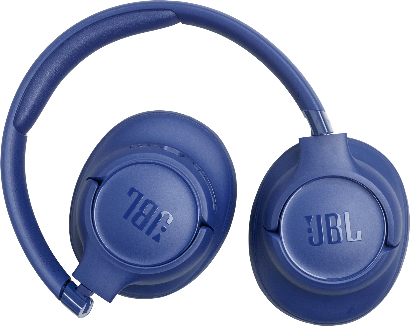 Blaue JBL-Kopfhörer liegen auf schwarzem Hintergrund.