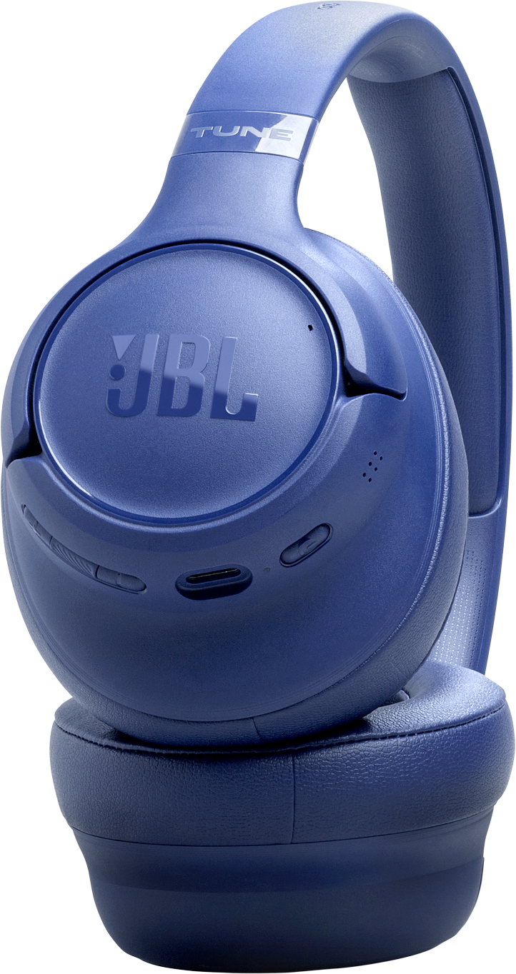 Ein Paar blaue JBL-Kopfhörer mit einem schwarzen Hintergrund.