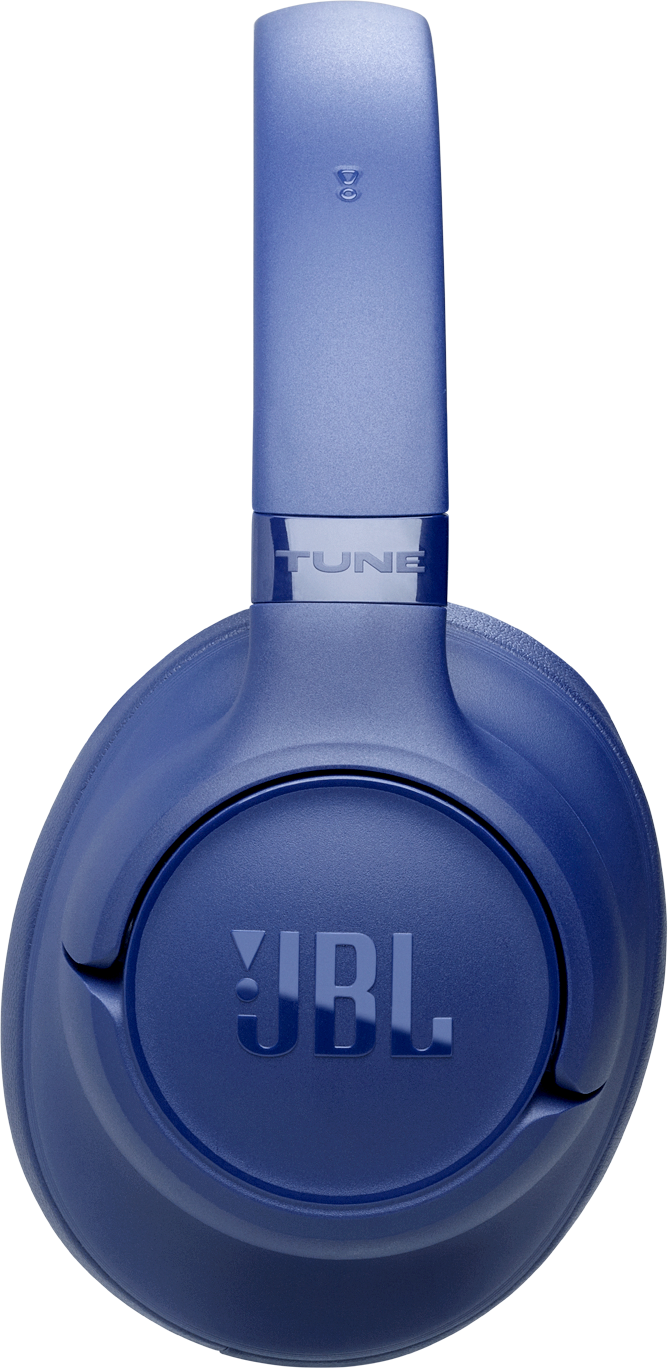 Blaue JBL Kopfhörer mit TUNE-Logo auf schwarzem Hintergrund.