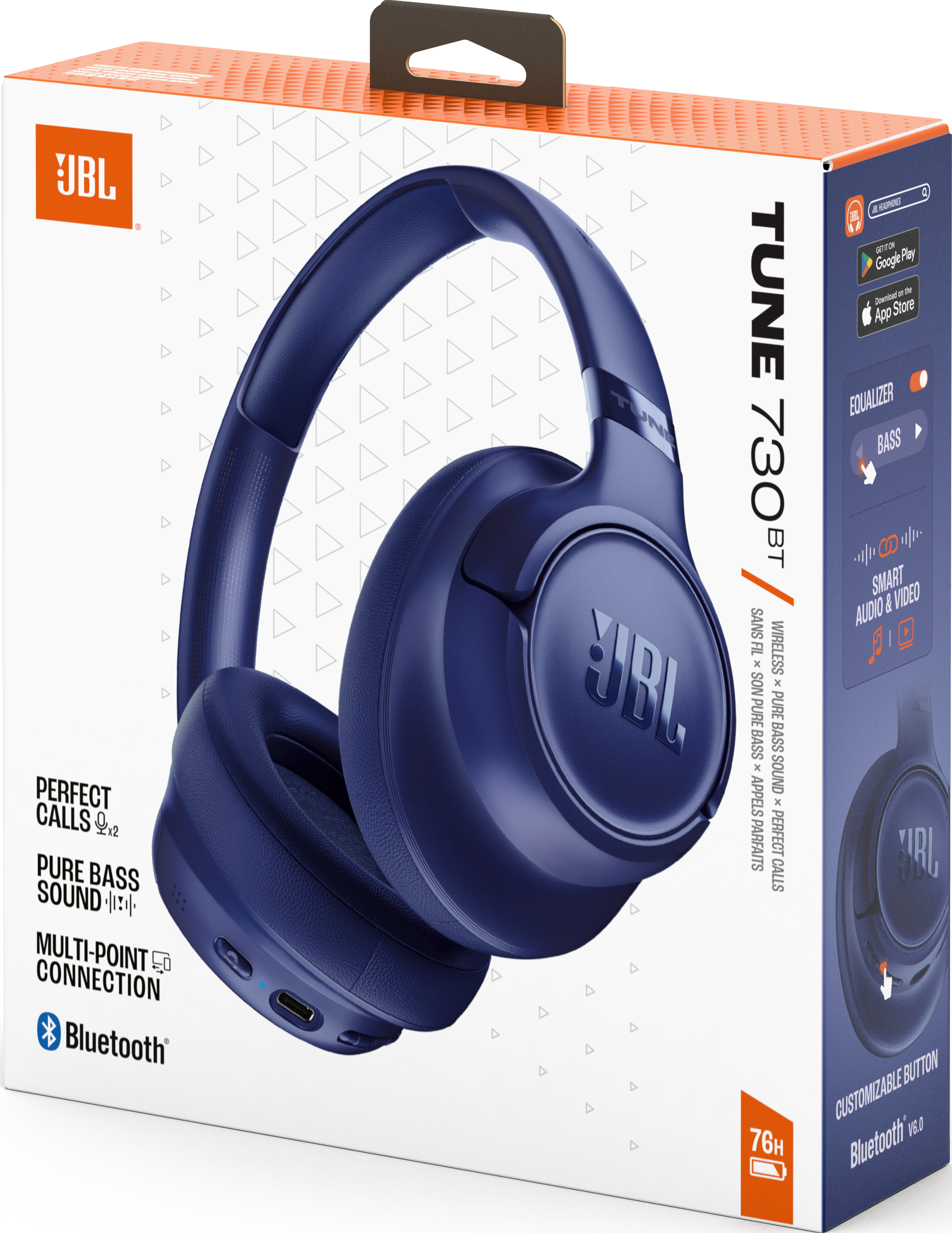 Dunkelblaue JBL Tune 730BT Kopfhörer auf weißer Verpackung mit orangefarbenem Akzent.
