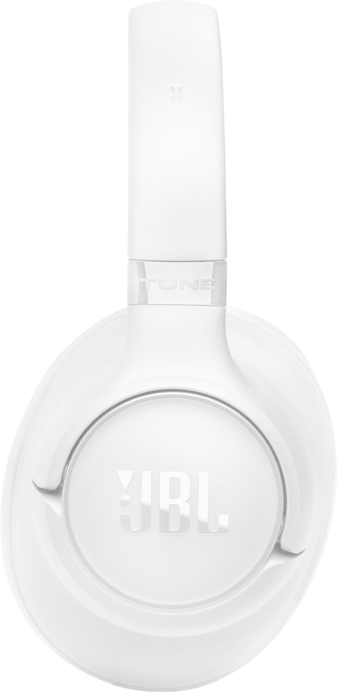 Weiße JBL-Kopfhörer mit gepolstertem Ohrpolster und dem Schriftzug TUNE.
