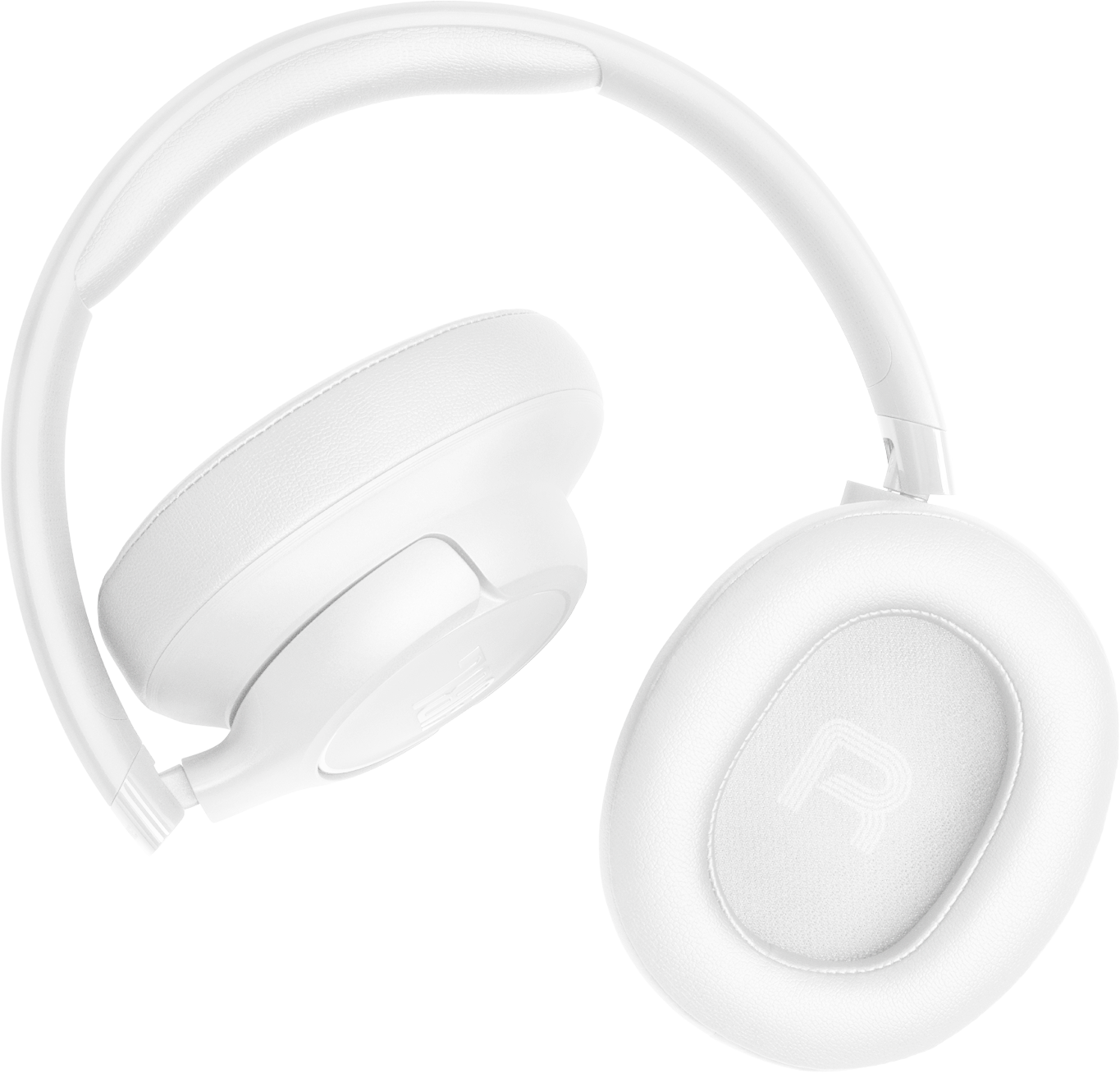 Ein weißer Over-Ear-Kopfhörer mit gepolstertem Bügel und Ohrmuscheln. Die rechte Ohrmuschel hat ein geprägtes 'R'.