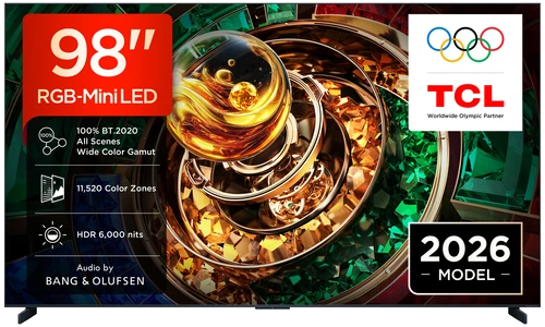 Televisor TCL de 98" RGB-Mini LED, modelo 2026 con logo Olympic Partner.