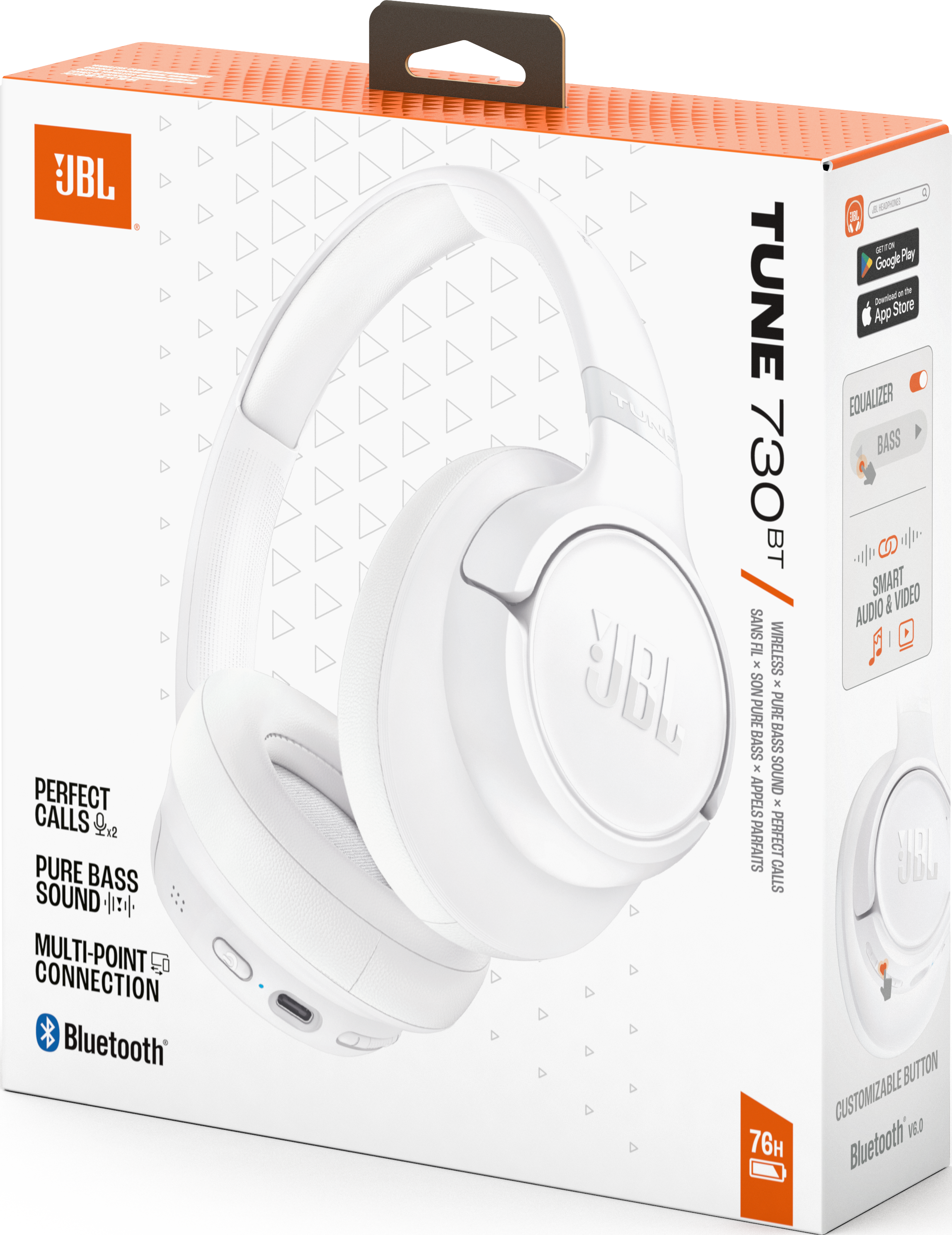 Weiße JBL Tune 730 BT Kopfhörer auf einer weißen Verpackung mit orangefarbenen Akzenten.