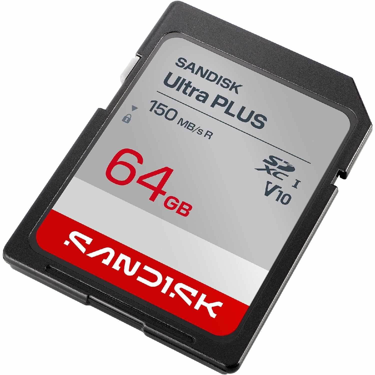 Una tarjeta SDXC SanDisk Ultra PLUS negra de 64 GB con etiquetas rojas y grises.