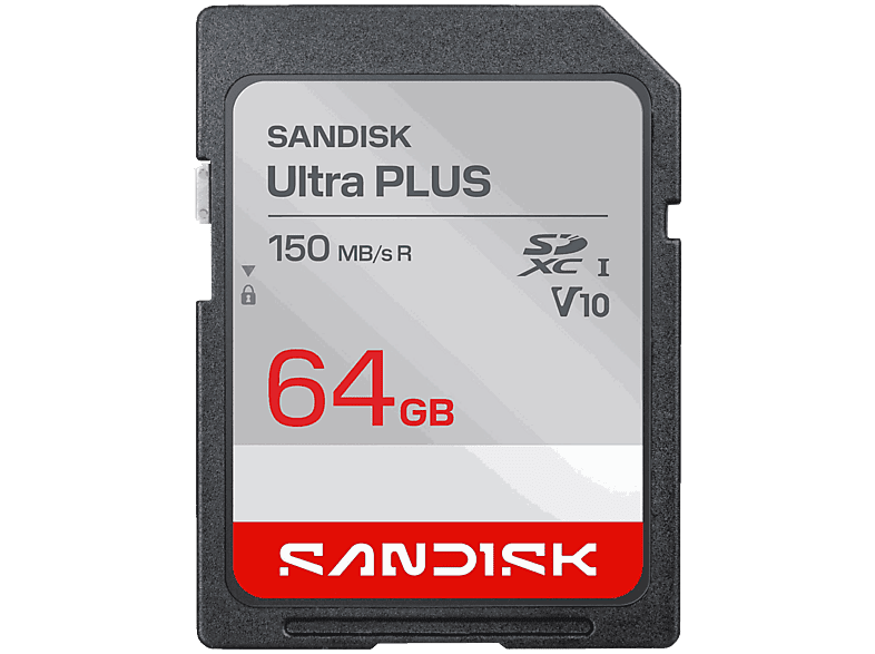 Tarjeta SD – SANDISK Ultra Plus, 64 GB, UHS-I, Vídeo Full HD, V10, U1, C10, Resistente al Agua, Plata