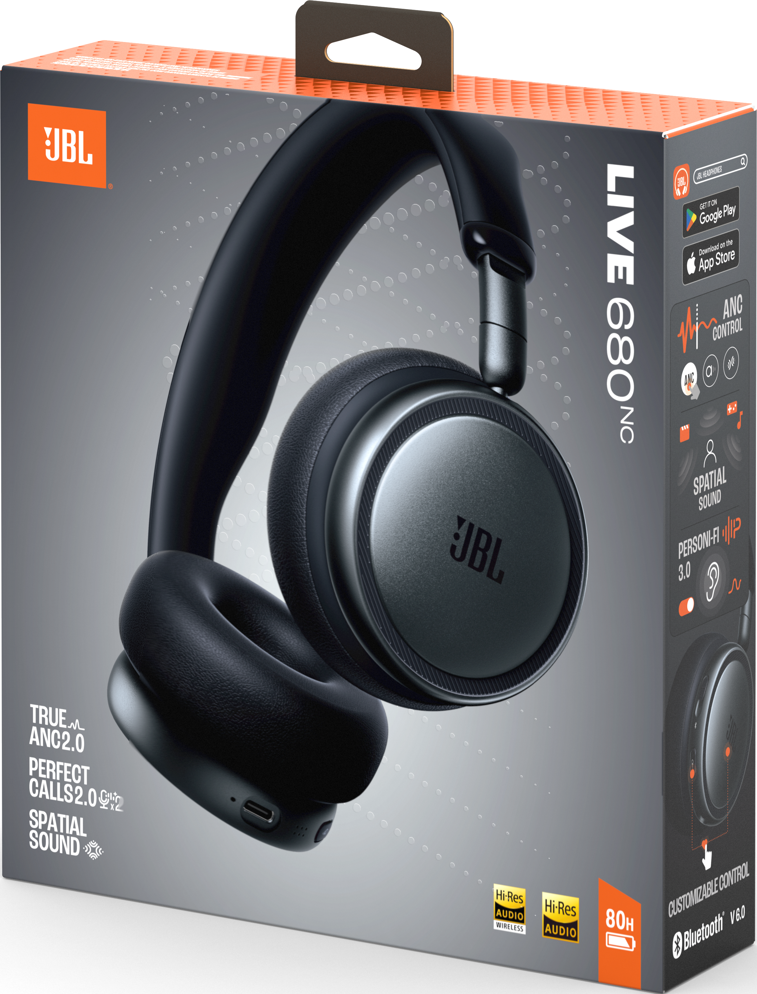 Confezione cuffie JBL LIVE 680NC con logo e caratteristiche.