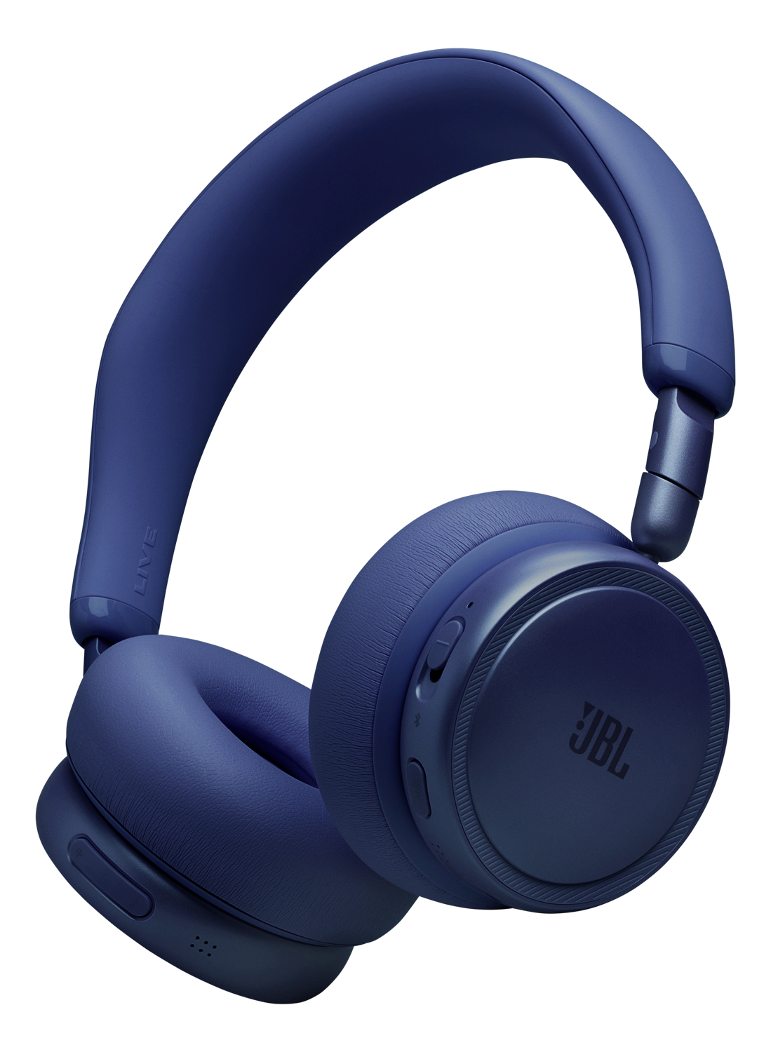 Cuffie JBL blu scuro con padiglioni e archetto imbottiti su sfondo nero.
