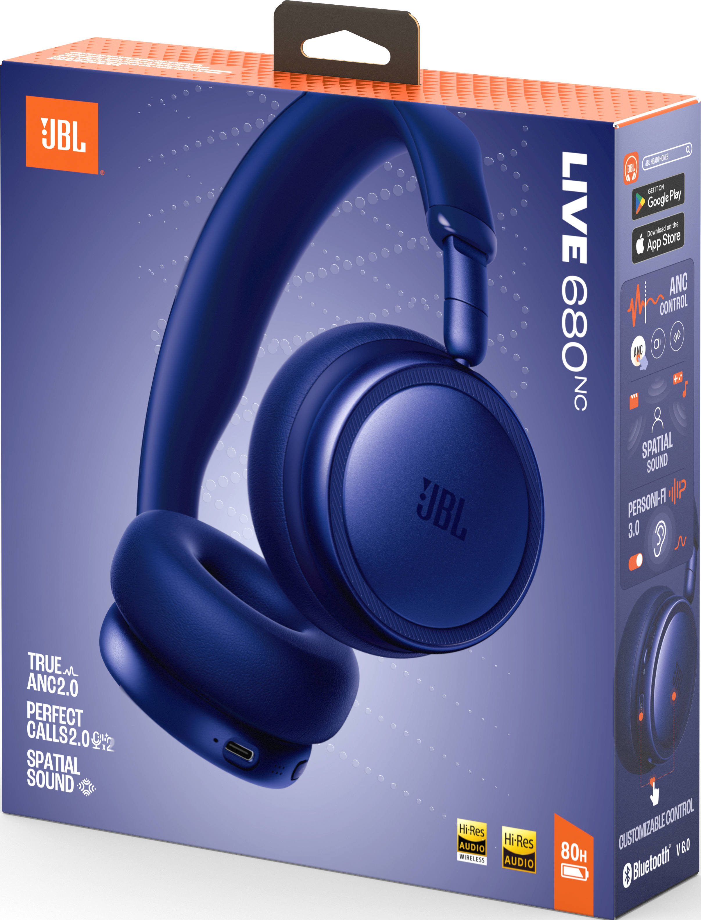 Cuffie JBL blu scuro in confezione, con ANC e Suono Spaziale.
