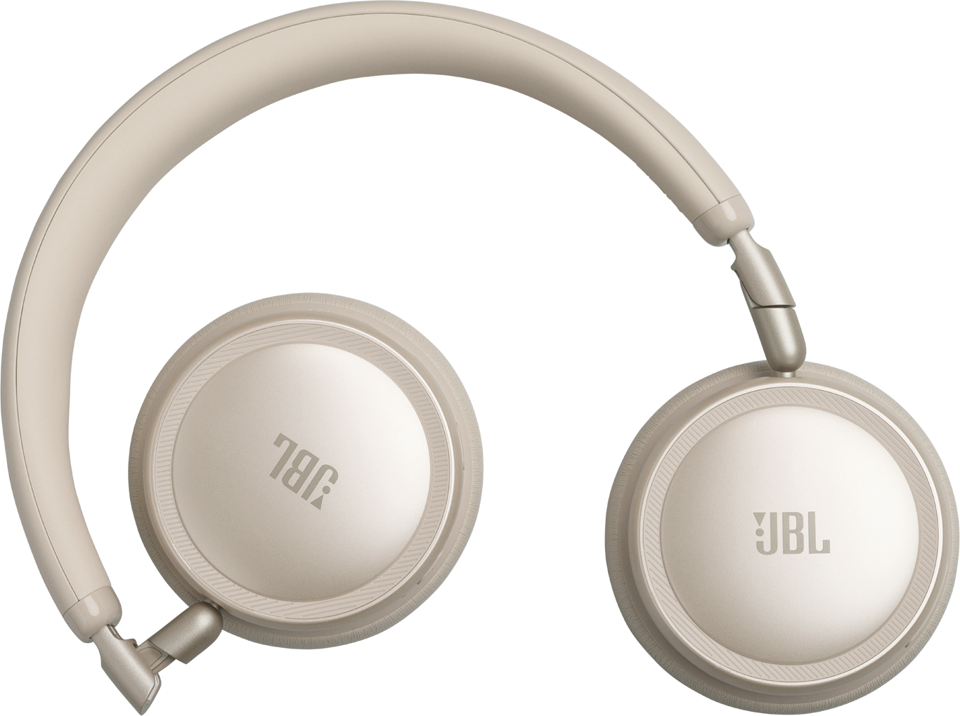 Cuffie JBL beige con accenti argentati su sfondo nero.