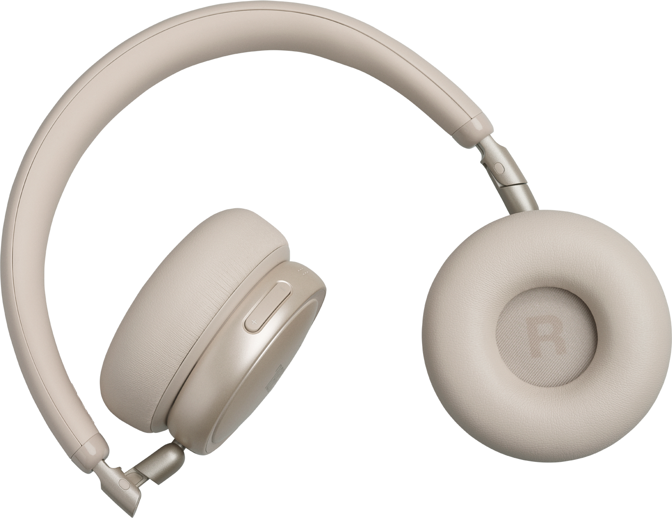 Un paio di cuffie beige con padiglioni imbottiti e accenti argentati.