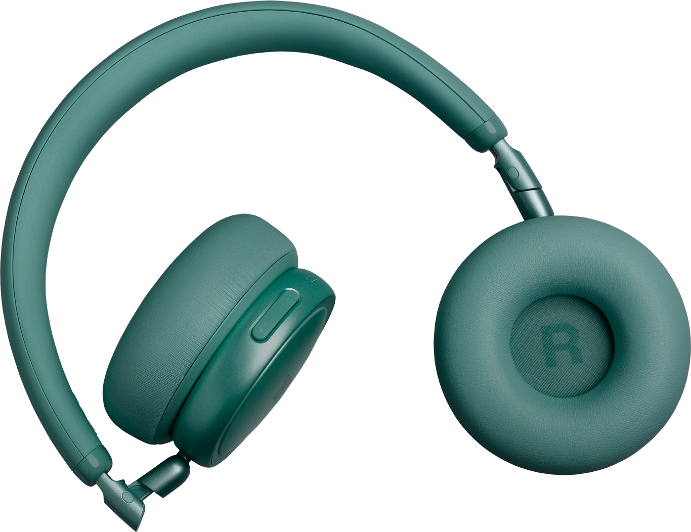 Cuffie teal con morbidi padiglioni e segno 'R' su sfondo nero.