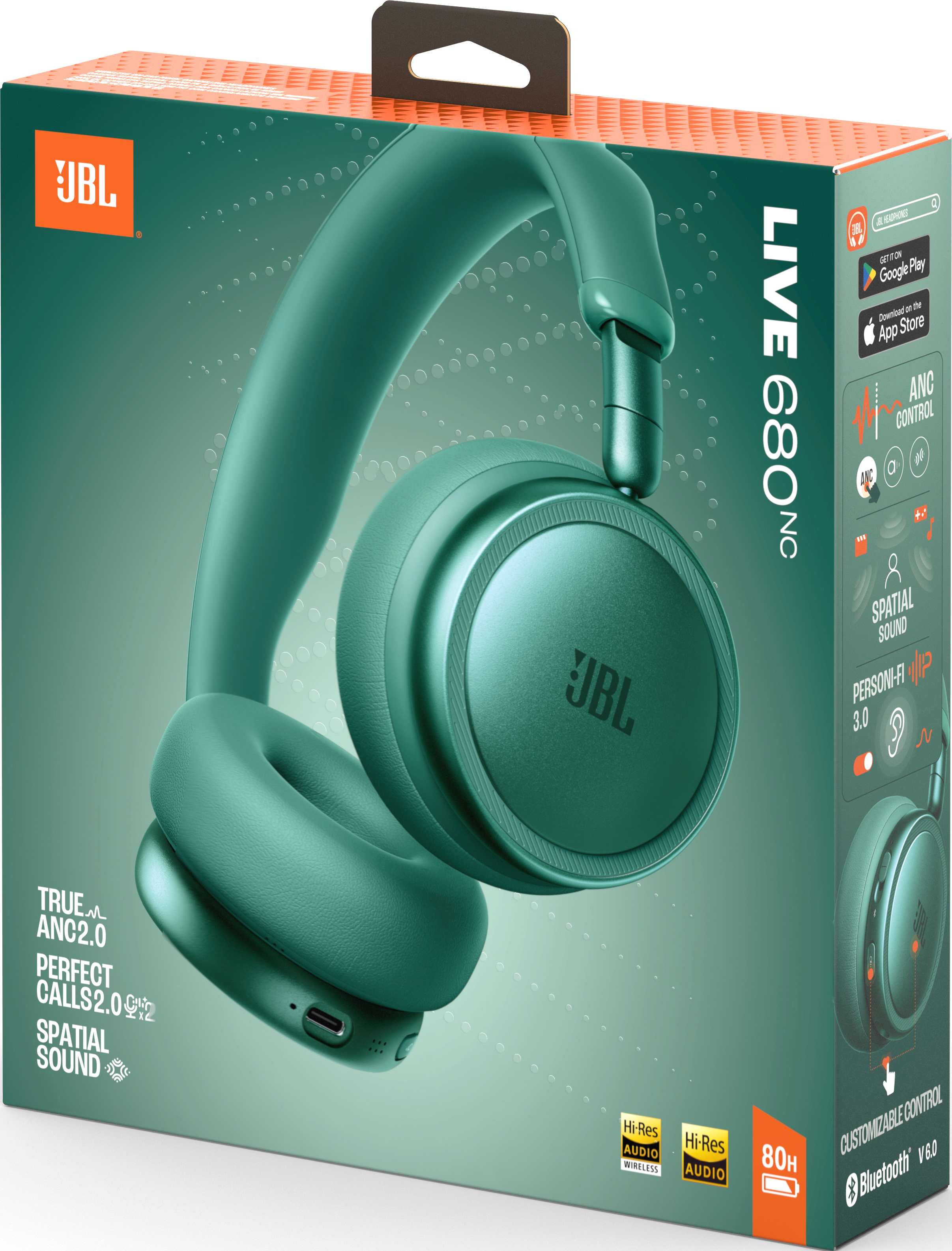 Una scatola verde per cuffie JBL Live 680NC con testo e icone di app.
