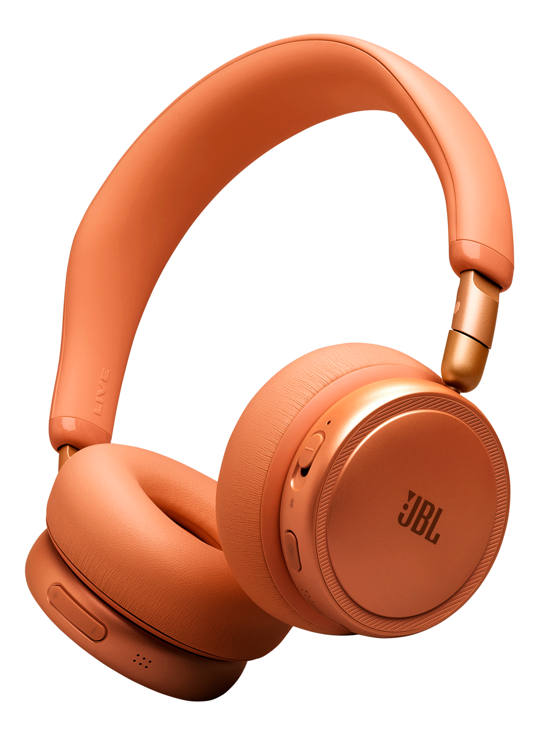 Casque JBL orange avec accents dorés sur fond noir.