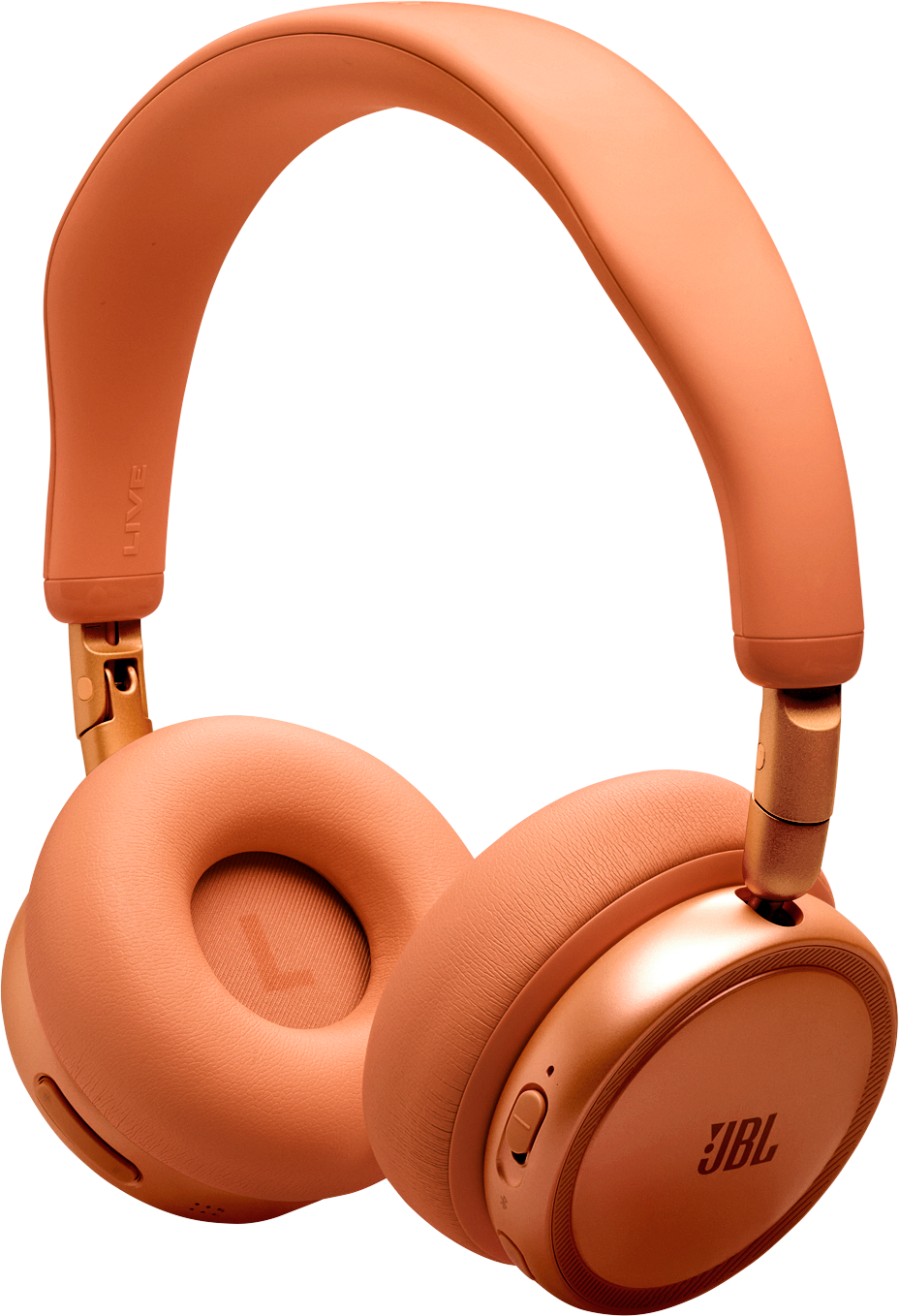 Casque orange avec accents dorés et logo JBL.