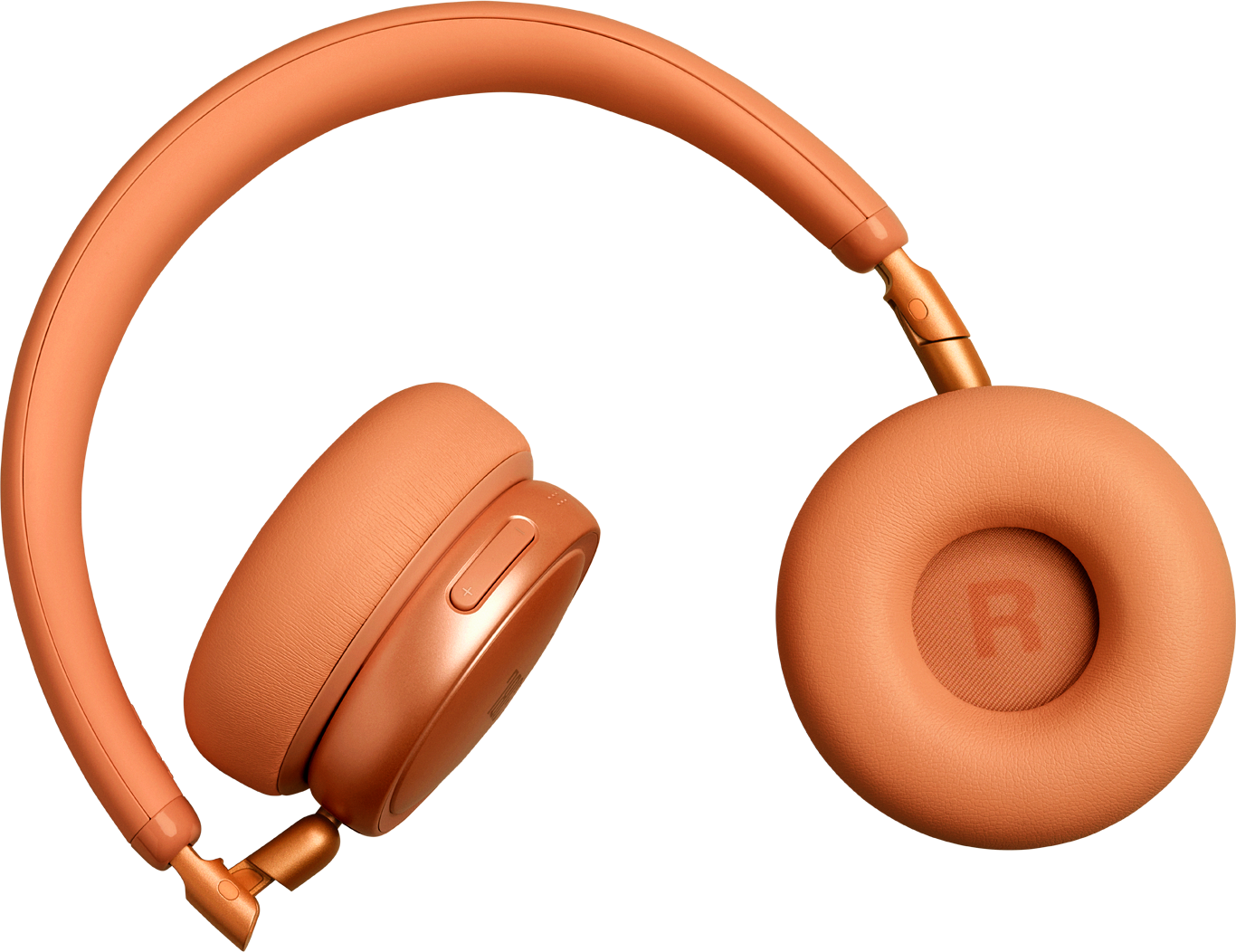 Casque orange avec oreillettes et arceau rembourrés, sur fond noir.
