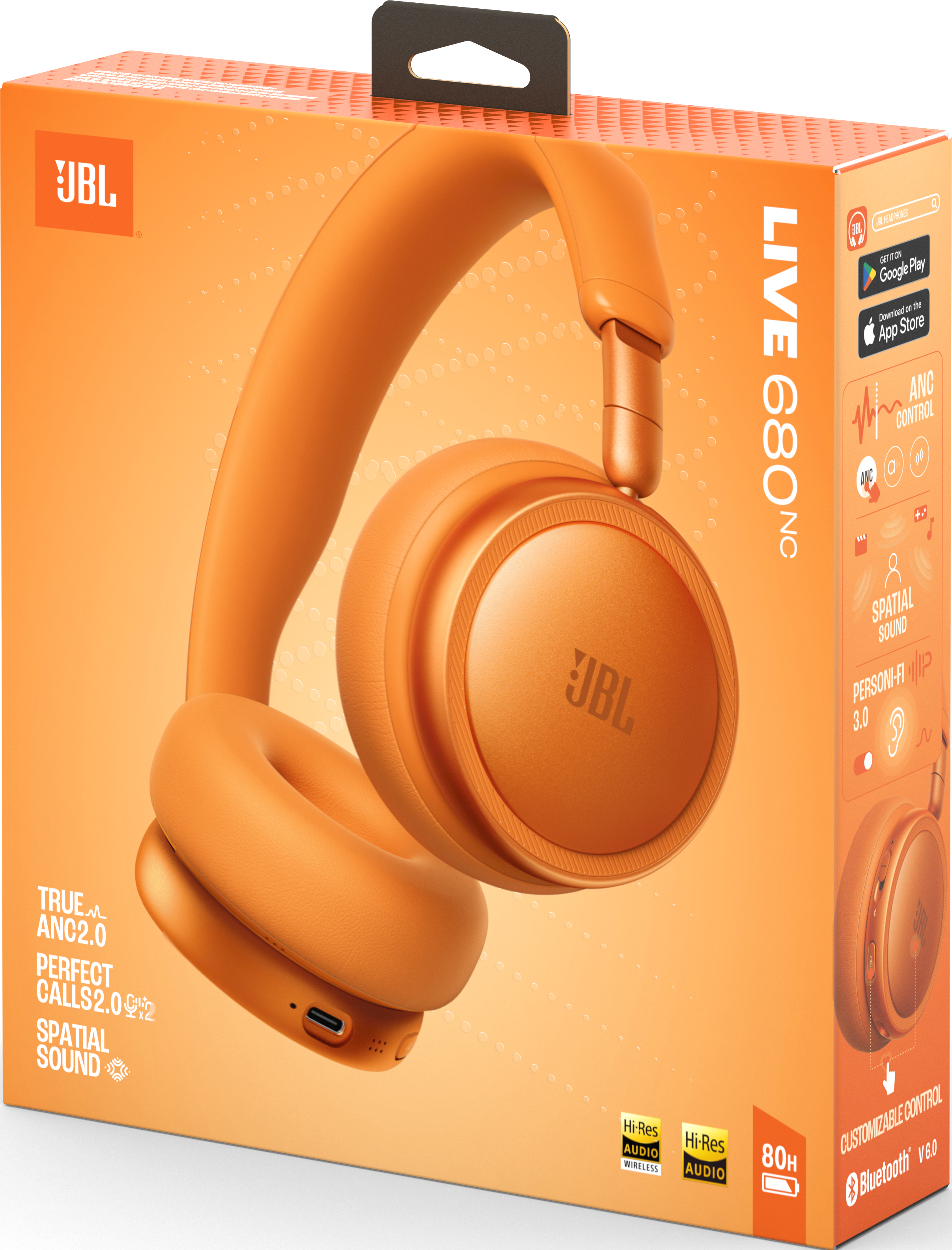 Casque JBL orange sur emballage avec logos de marque et fonctionnalités.