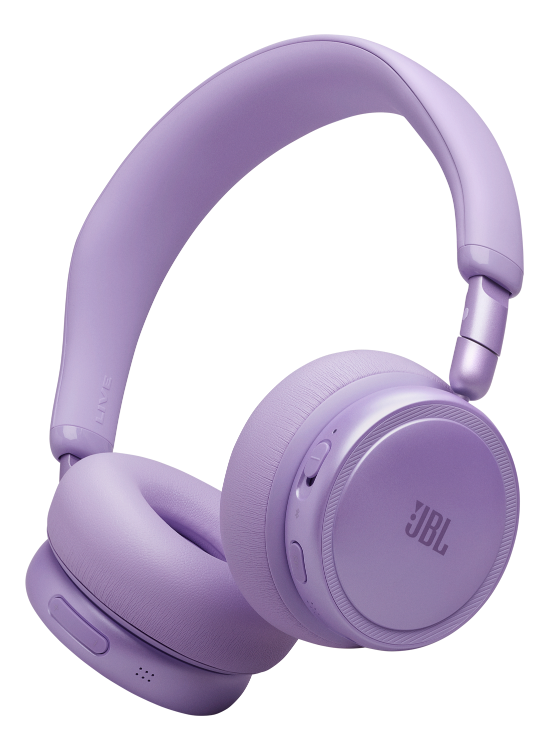 Cuffie JBL viola con archetto e padiglioni imbottiti su sfondo nero.