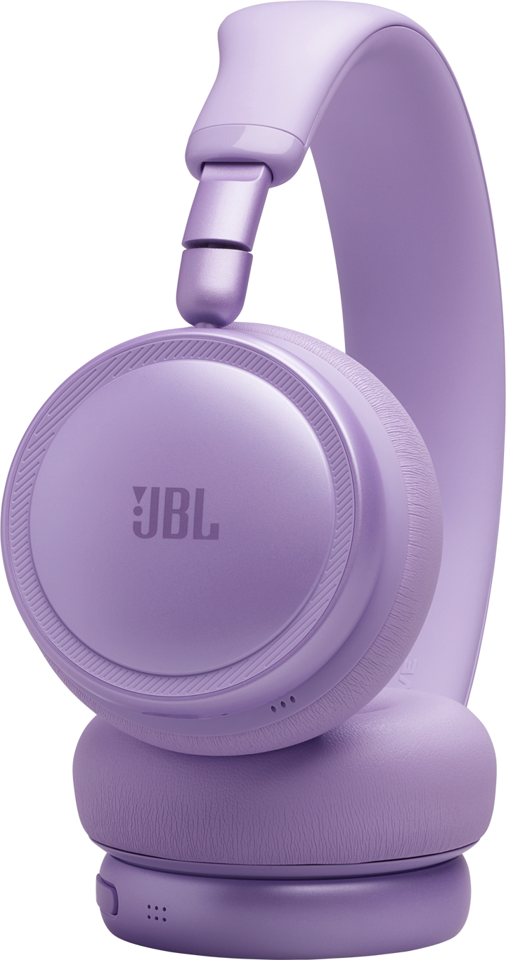 Cuffie JBL viola con padiglioni e archetto regolabile su sfondo nero.