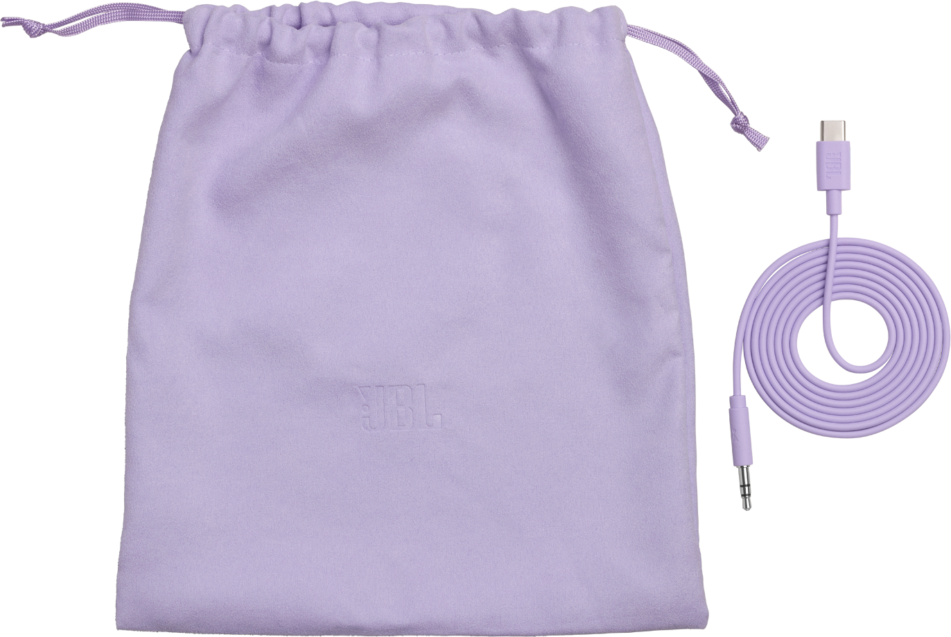 Una pochette lavanda con coulisse e un cavo USB-C abbinato su sfondo nero.