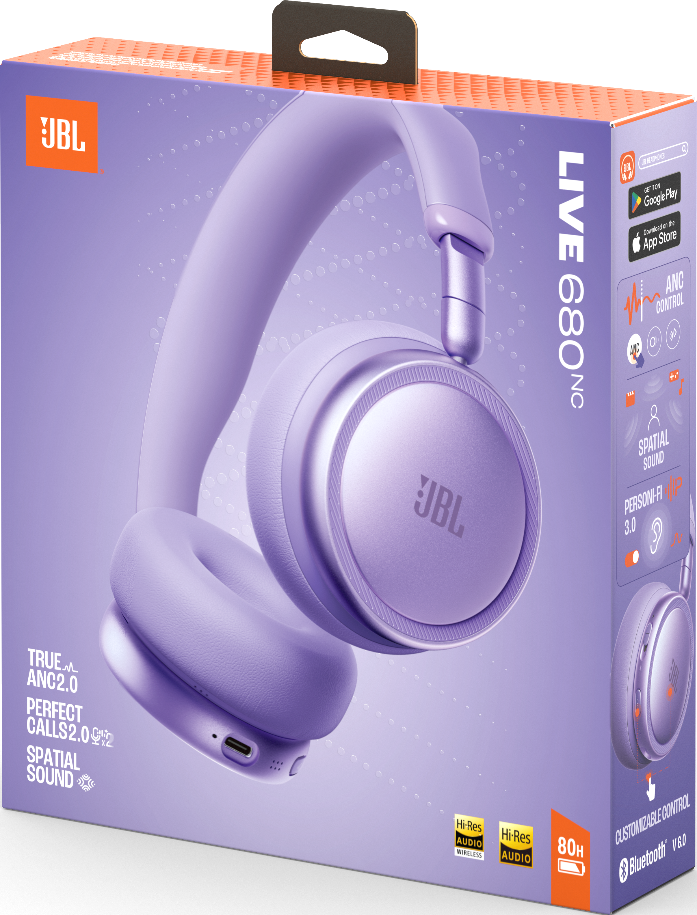 Cuffie JBL LIVE 680NC viola su scatola viola con caratteristiche del prodotto.