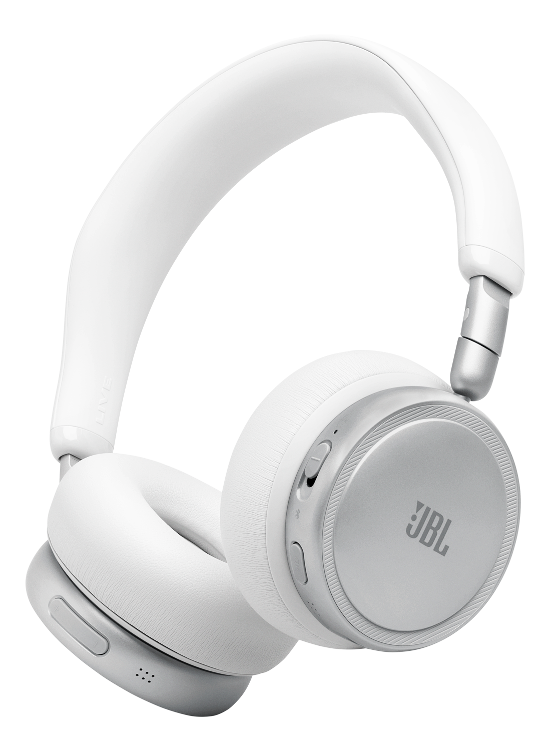 Cuffie bianche JBL sovraurali con accenti argentati su sfondo nero.