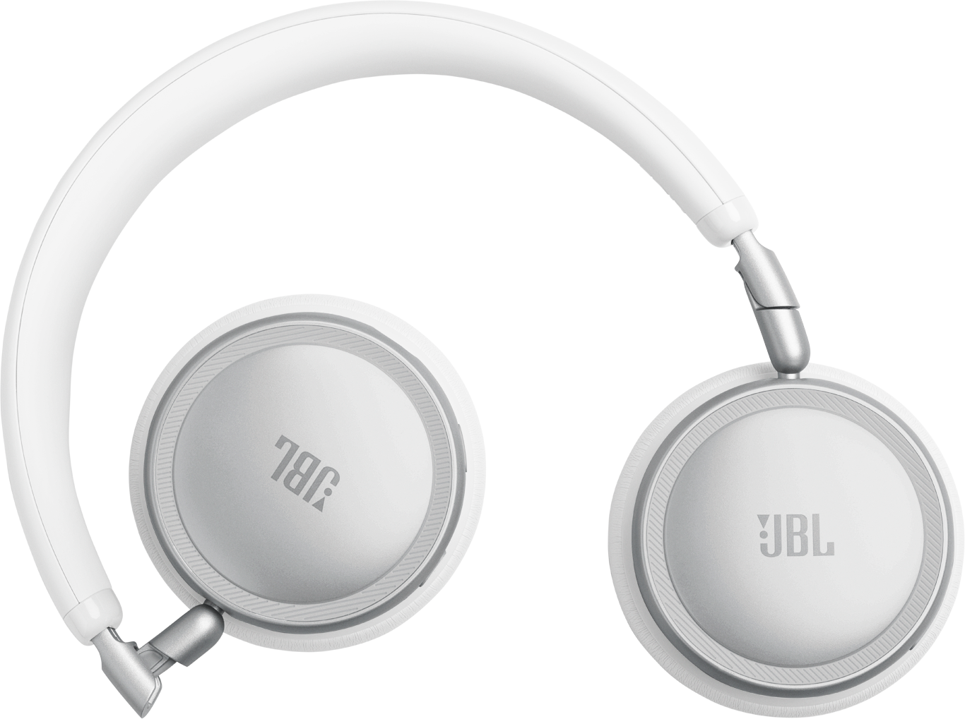 Cuffie JBL bianche con accenti argentati, su sfondo nero.