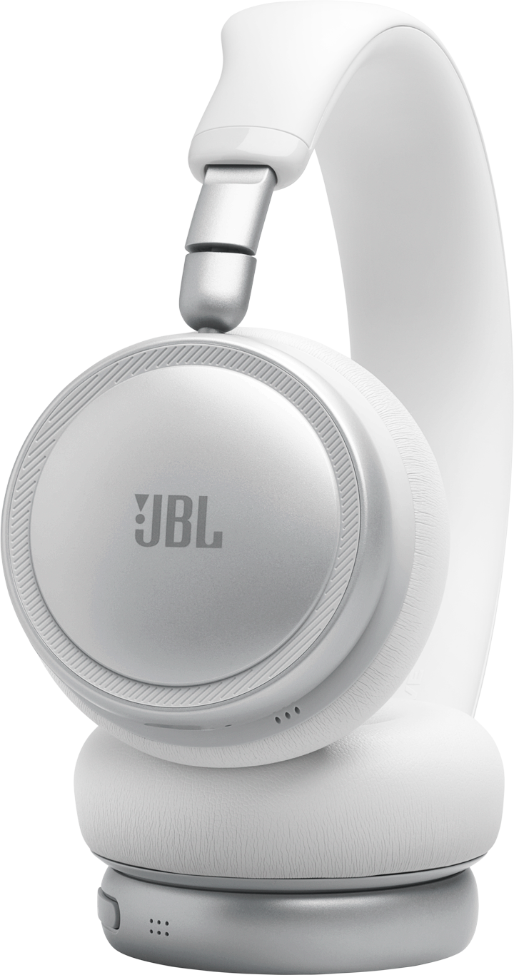 Cuffie JBL bianche con accenti argentati, primo piano.