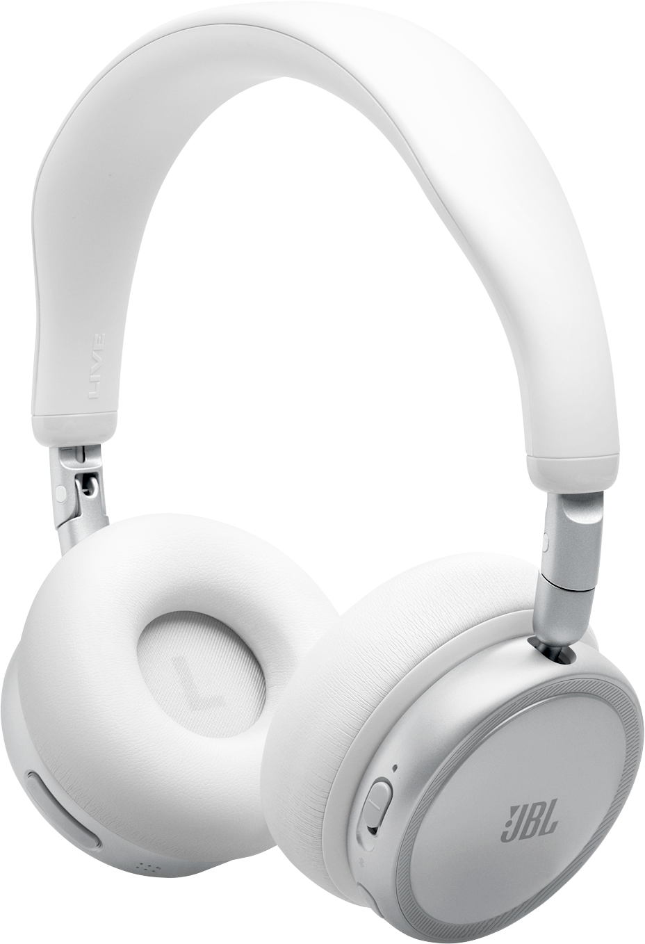Cuffie JBL bianche con padiglioni imbottiti e archetto regolabile.