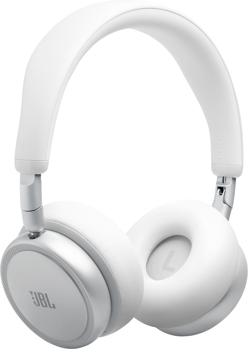 Cuffie JBL bianche con accenti argentati su sfondo nero.
