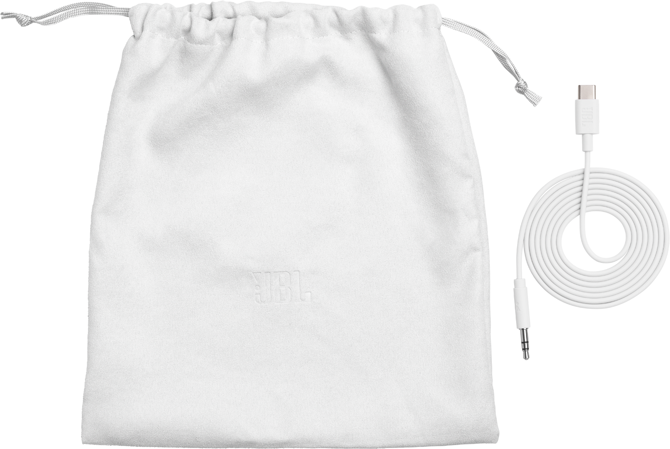 Una custodia bianca JBL e un cavo USB-C bianco su sfondo nero.