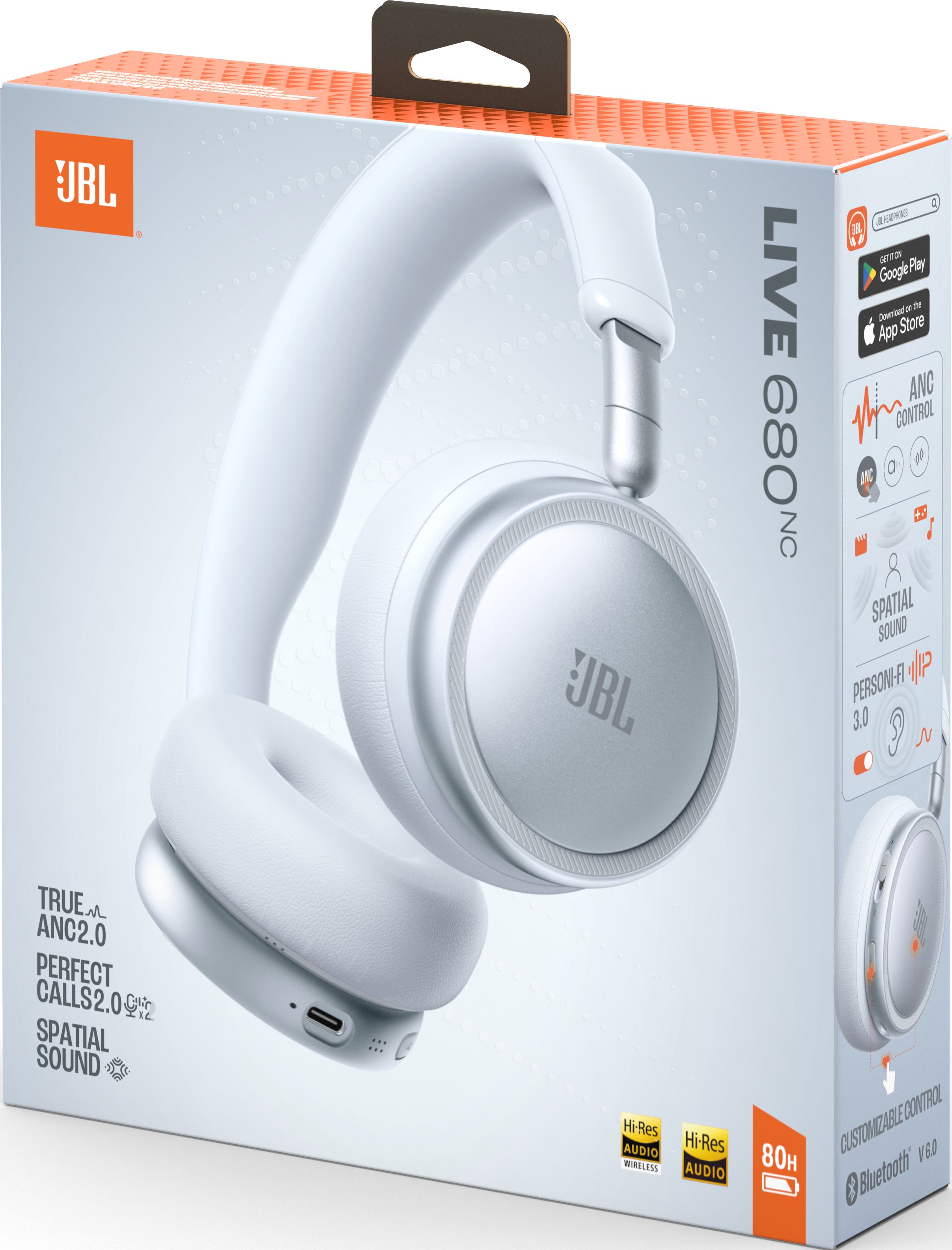Cuffie JBL bianche in scatola con dettagli tecnici.