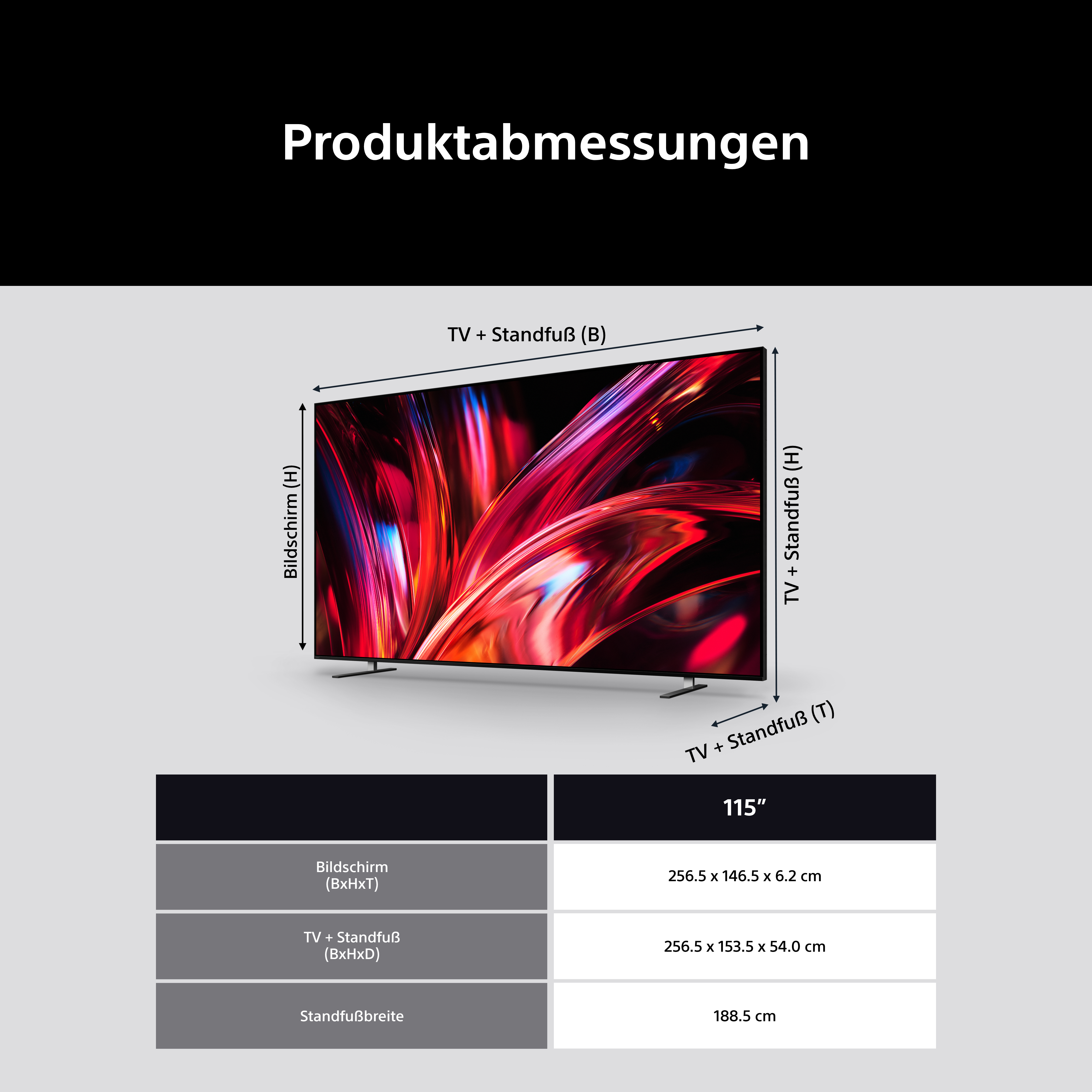 Technische Zeichnung eines 115-Zoll-Fernsehers mit Maßen für Höhe, Breite und Tiefe.