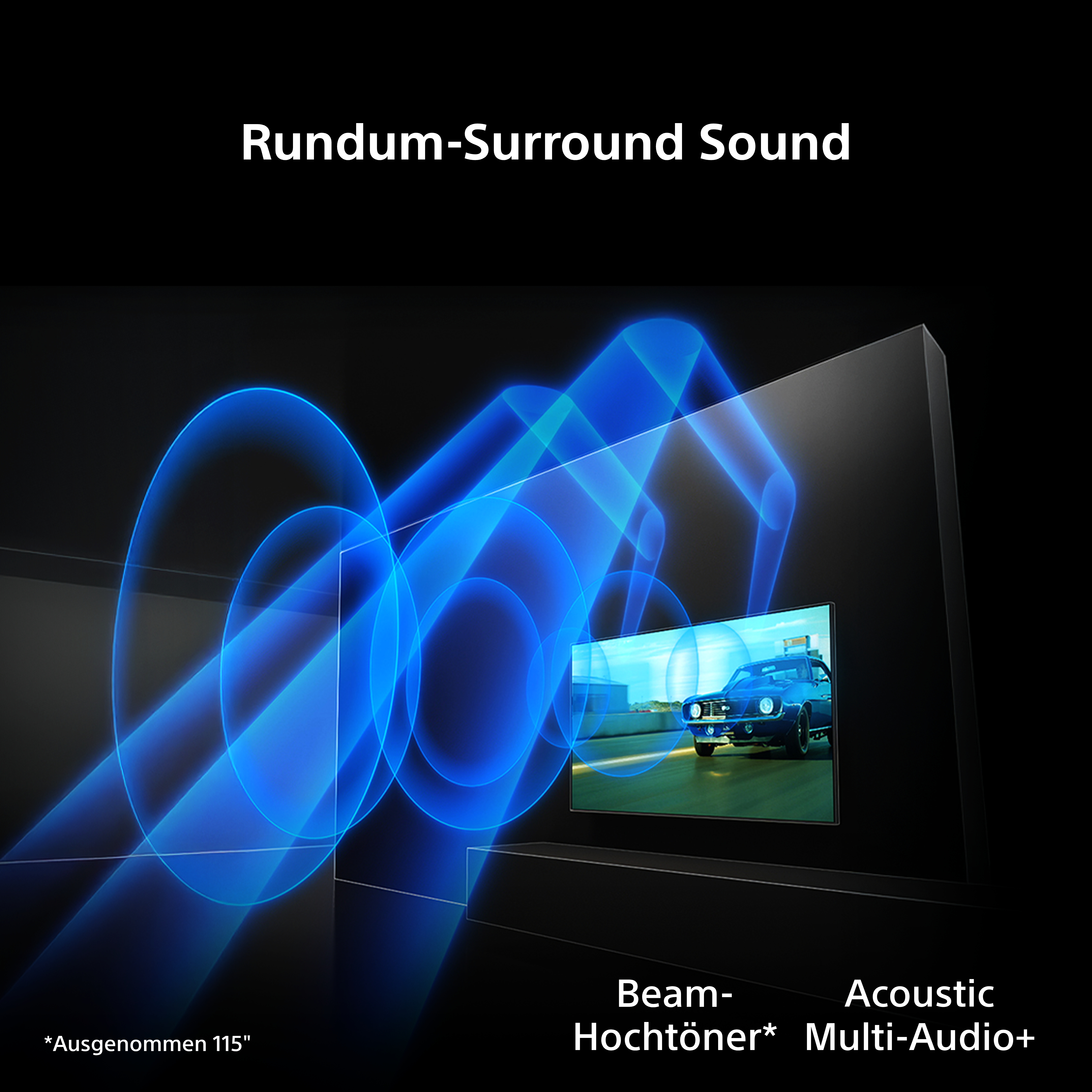 Rundum-Surround Sound mit Beam-Hochtöner und Acoustic Multi-Audio+ auf einem TV.