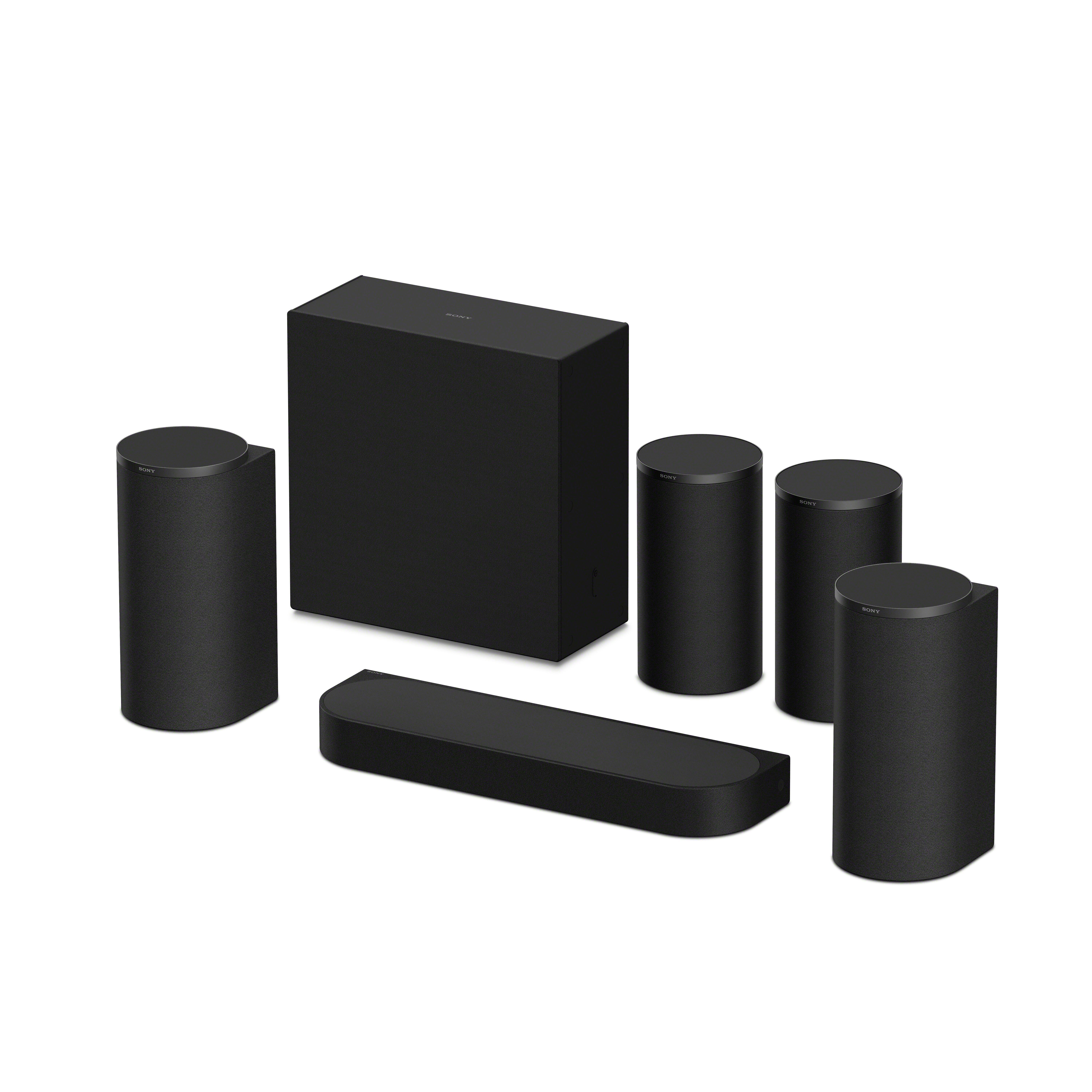 Ein schwarzes Sony-Soundsystem mit Subwoofer, Soundbar und vier Lautsprechern.