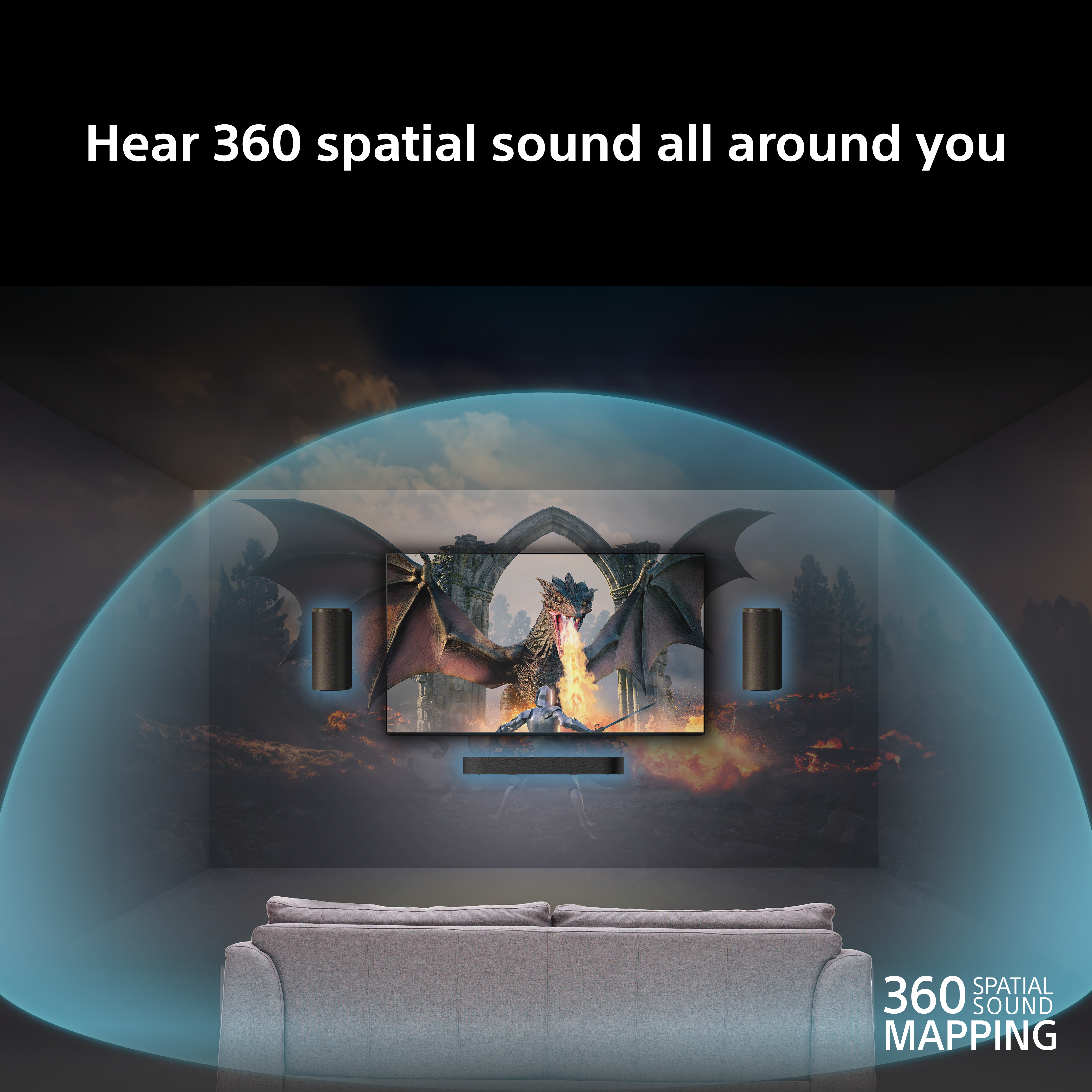 Salon avec TV montrant un dragon. Onde sonore spatiale 360.