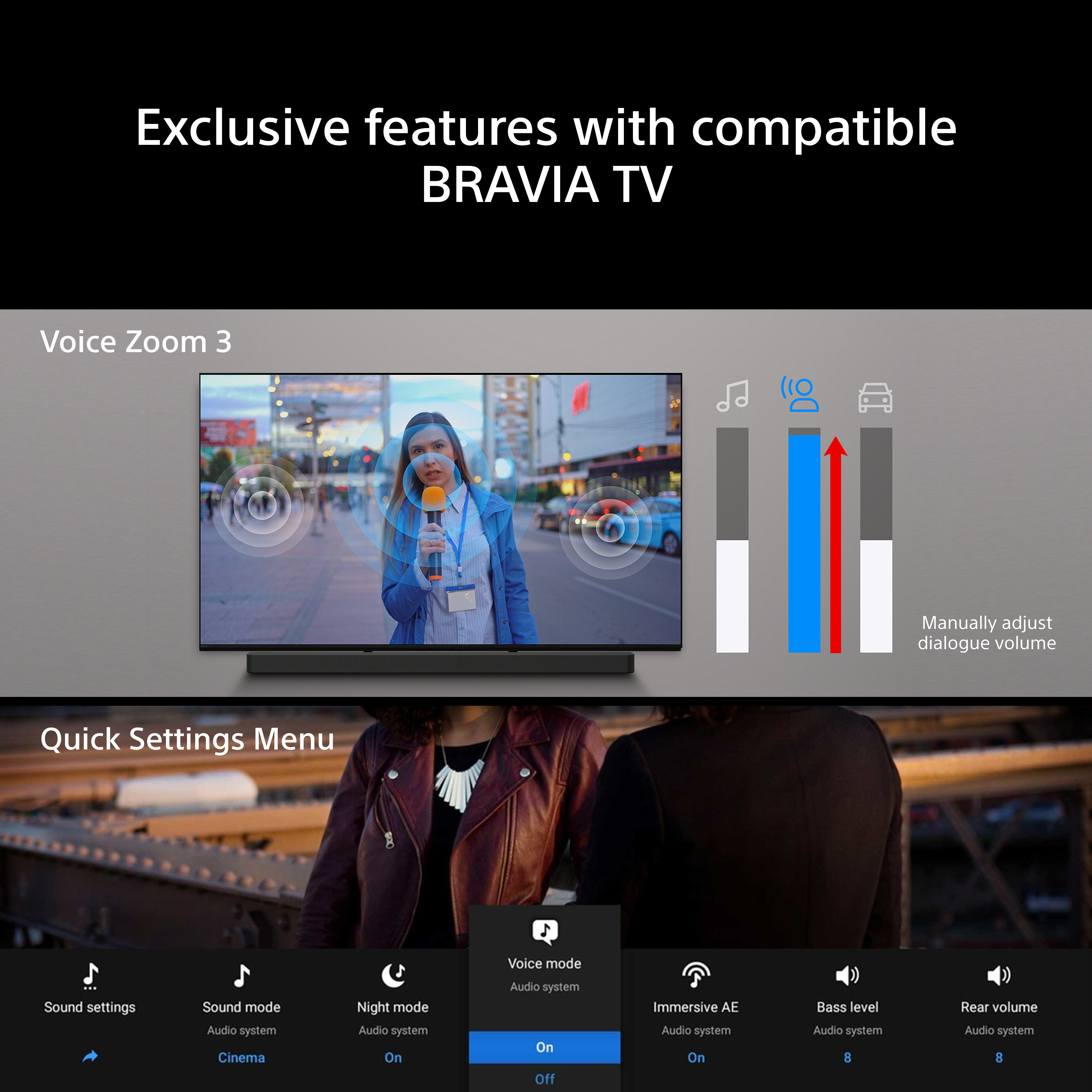 TV avec Voice Zoom 3 et Paramètres Rapides. Une femme parle dans un micro.