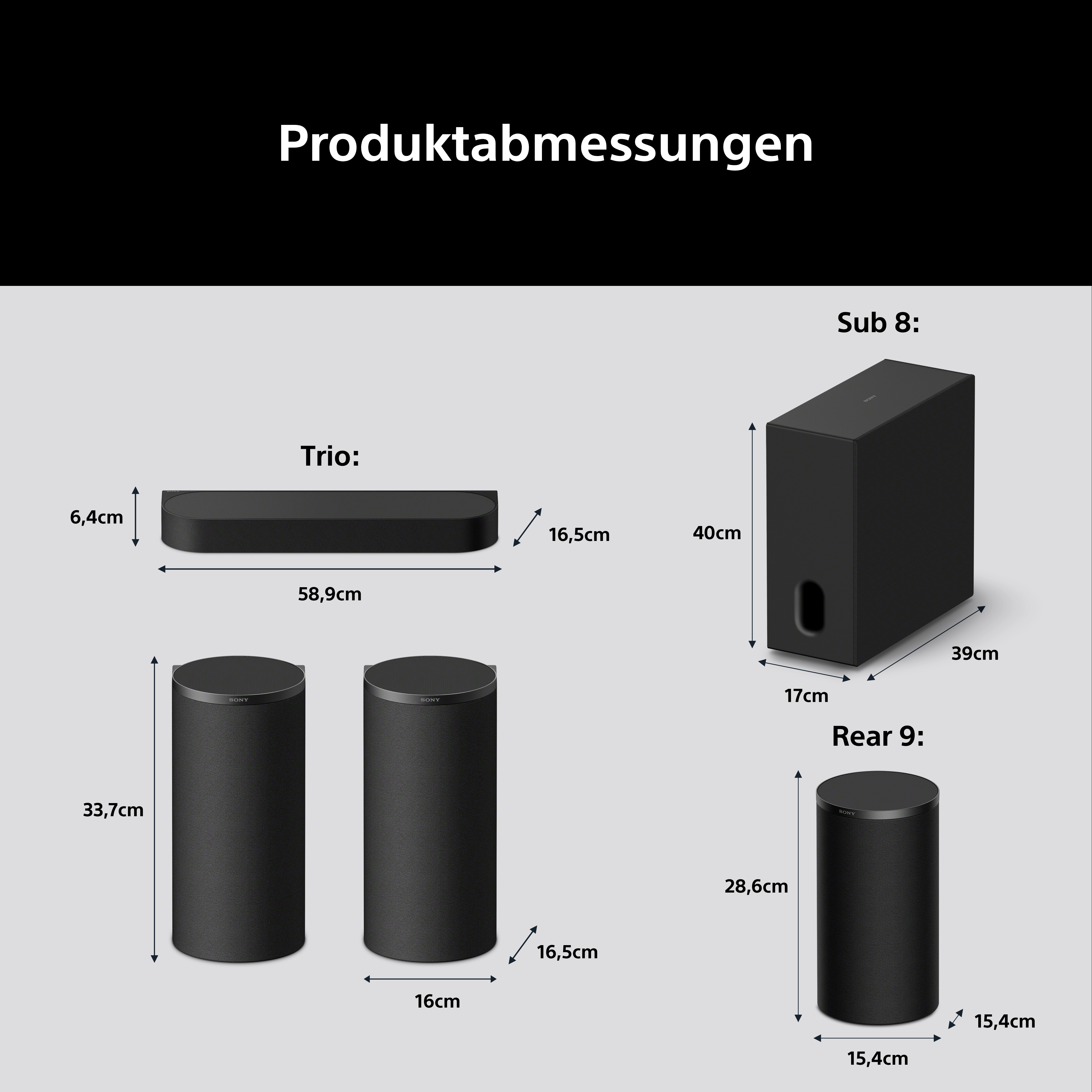 Abmessungen von drei Lautsprechereinheiten: Trio, Sub 8 und Rear 9.