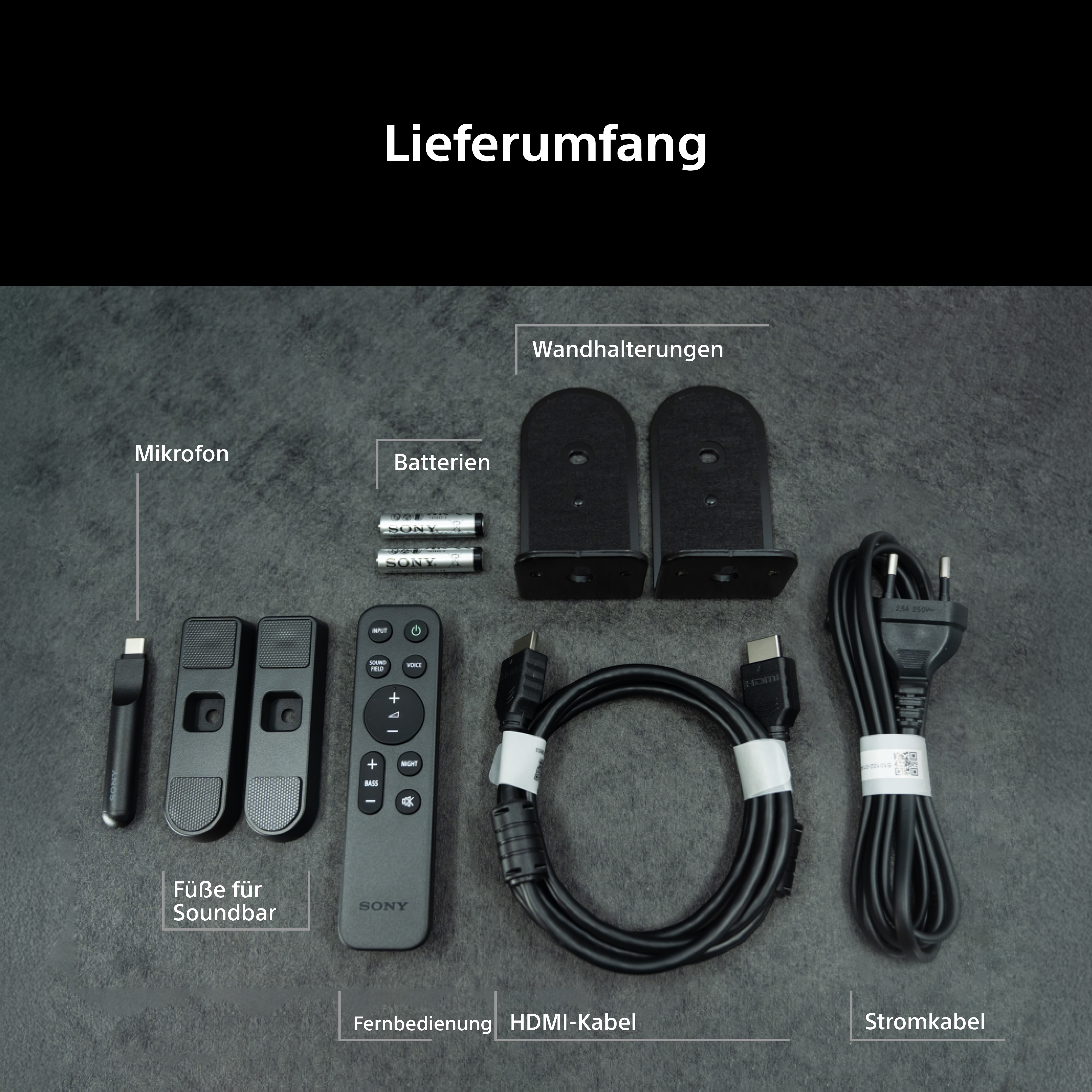 Lieferumfang: Fernbedienung, HDMI-Kabel, Stromkabel, Batterien, Mikrofon, Wandhalterungen, Füße für Soundbar.